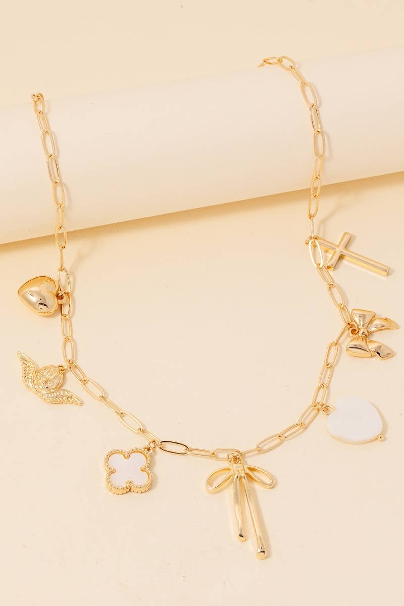 Heart Cross Angel Ribbon And Angel Charms Chain Necklace
