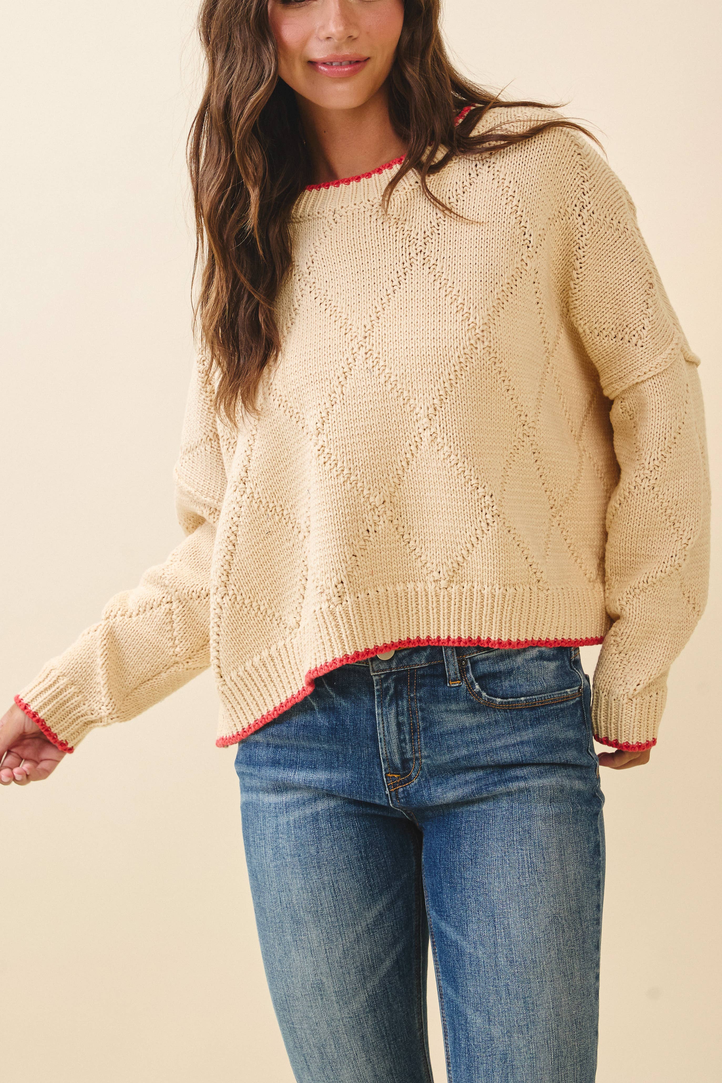 Oat Diamond Knit Pullover Sweater