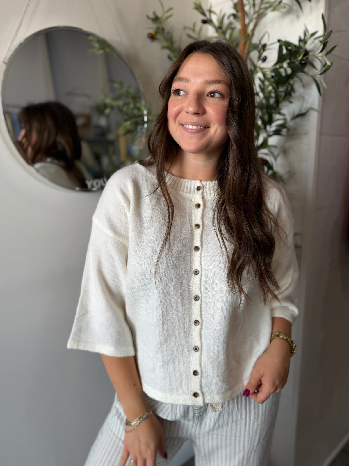 Ivory Wide Sleeve Button Front Knit Cardigan