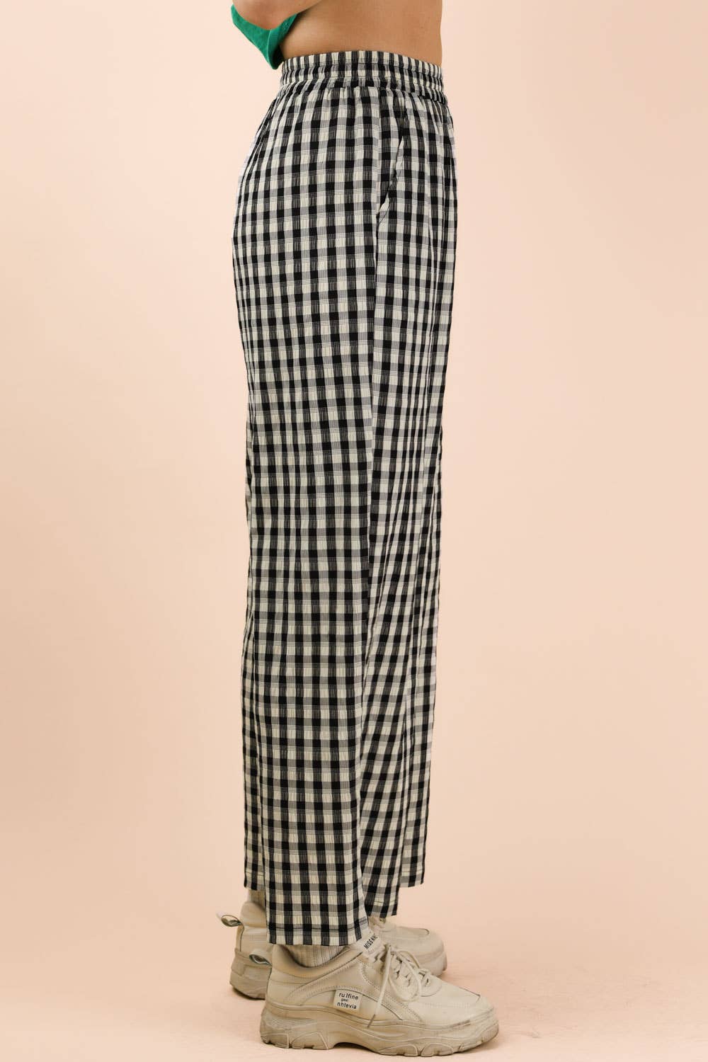 Black Elastic Waist Checkered Pants