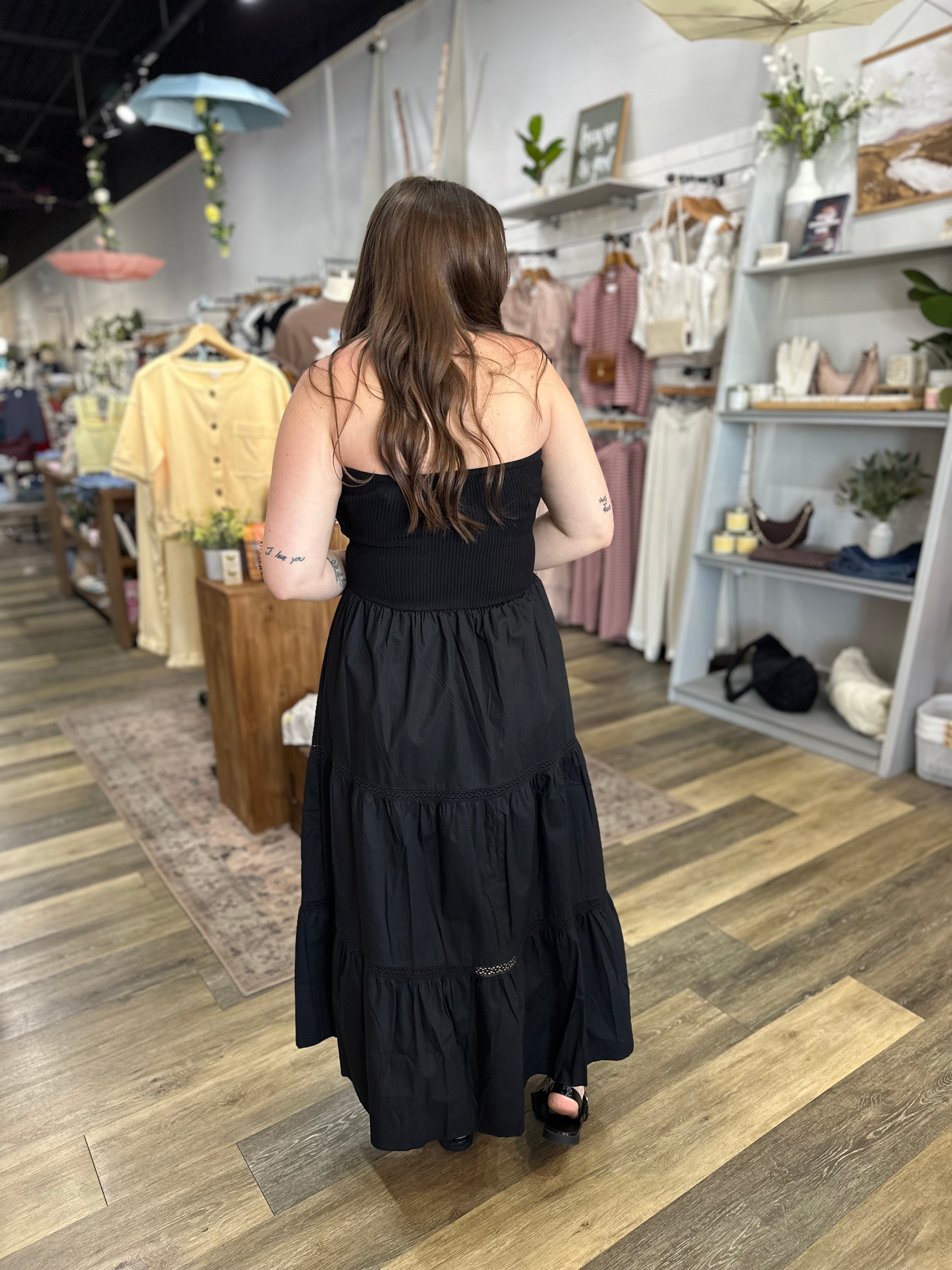 Black Strapless Midi Dress