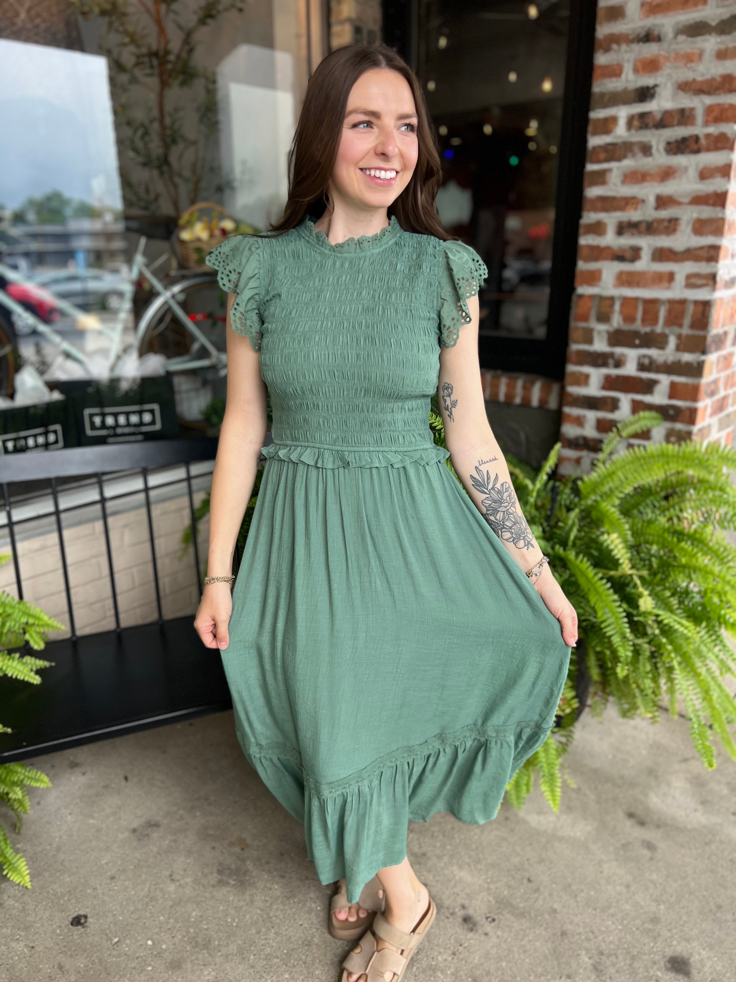 Green Eyelet Trim Midi Dress