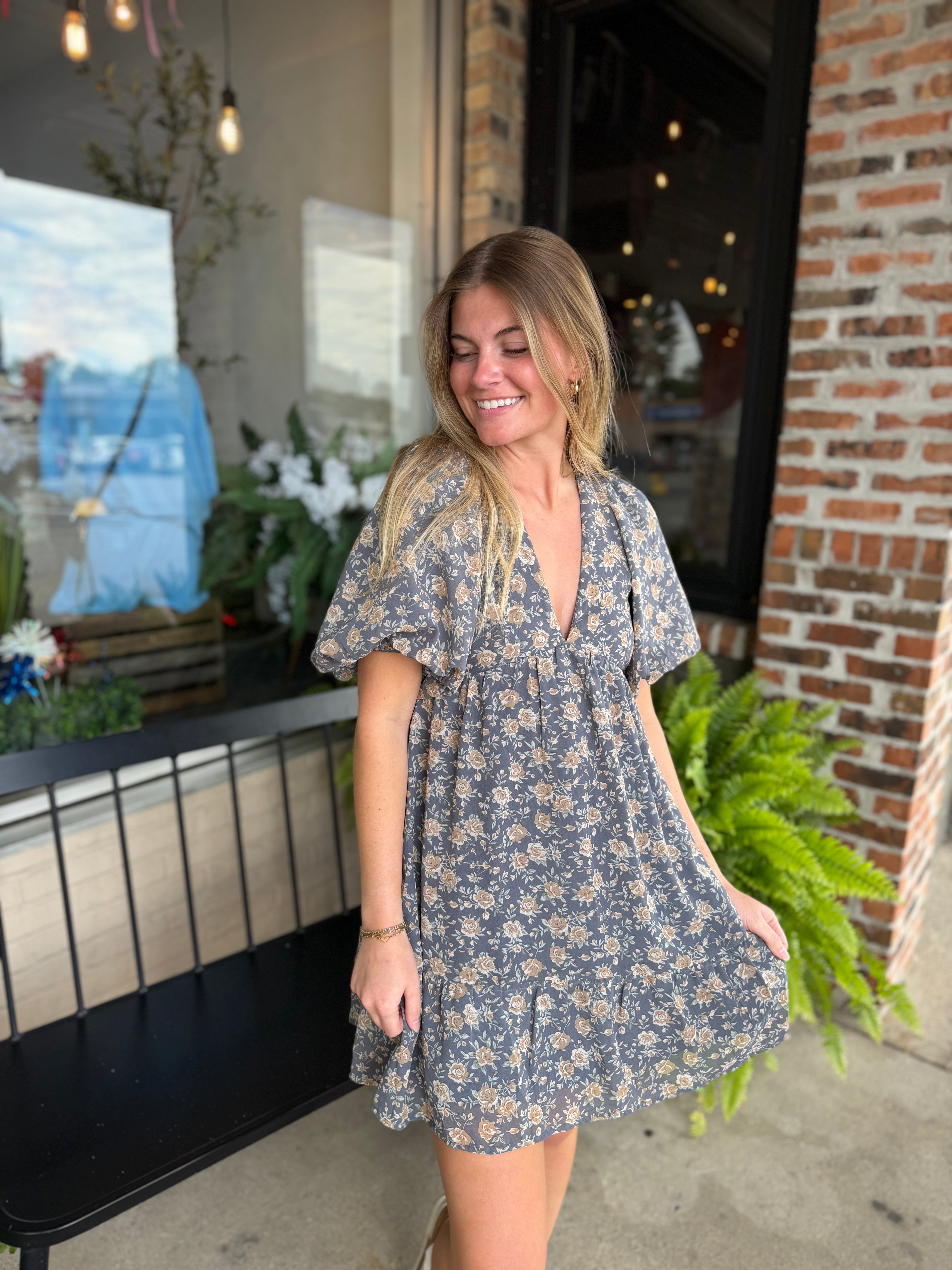 Blue Floral Bubble Sleeve Mini Dress