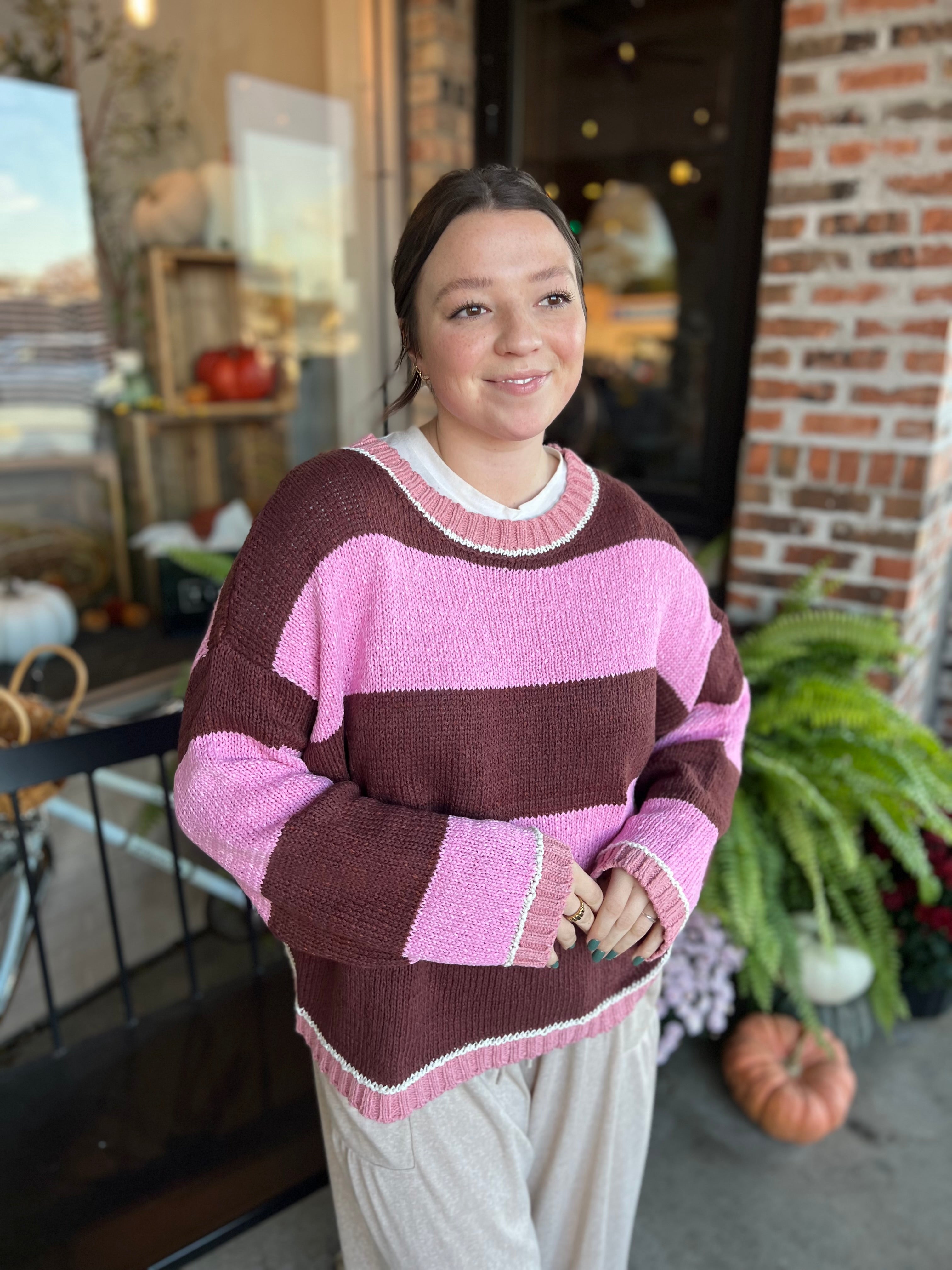 Pink & Brown Stripe Knit Sweater