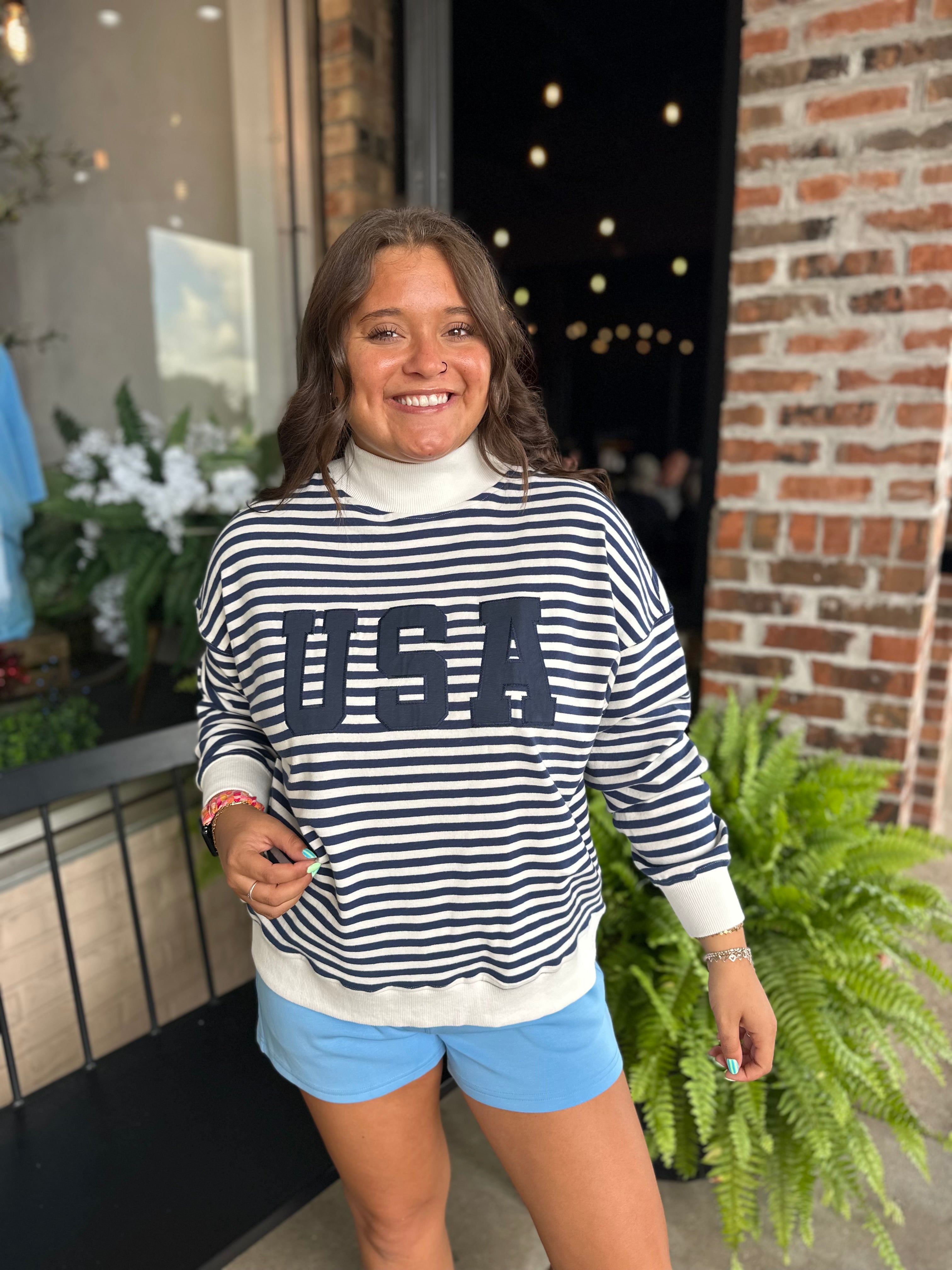 USA Navy Stripe Mock Neck Sweatshirt