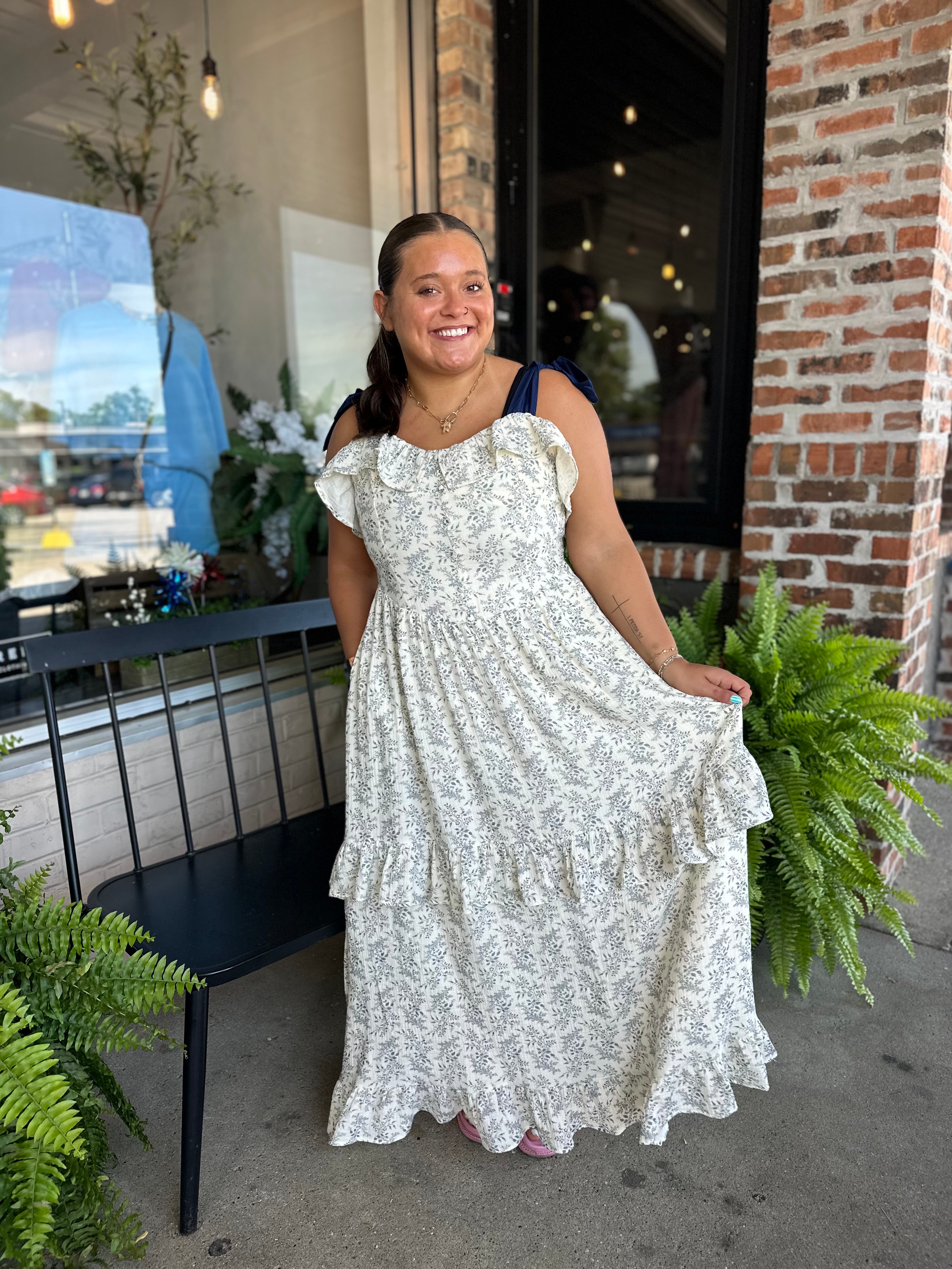 Indigo Ruffle Detailed Ribbon Strap Maxi Dress
