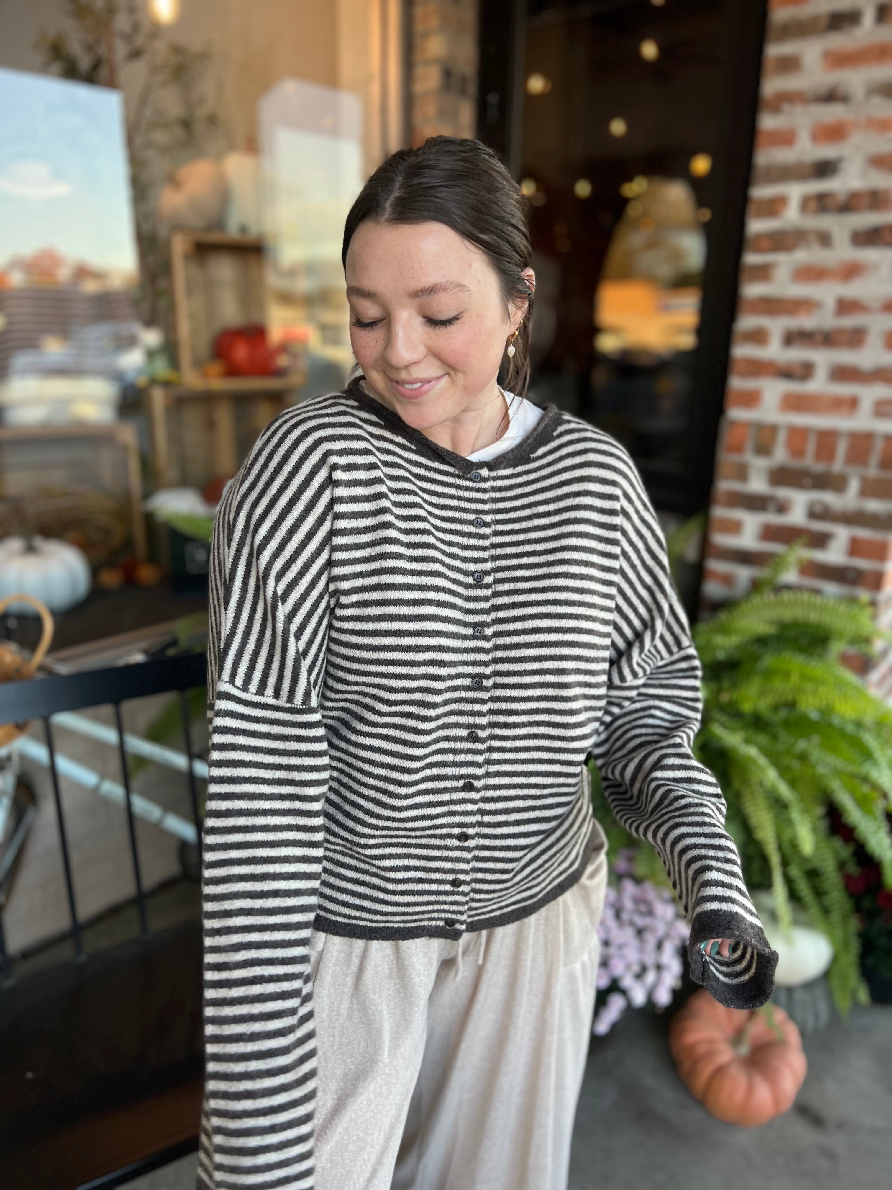 Dark Brown Stripe Knit Cardigan