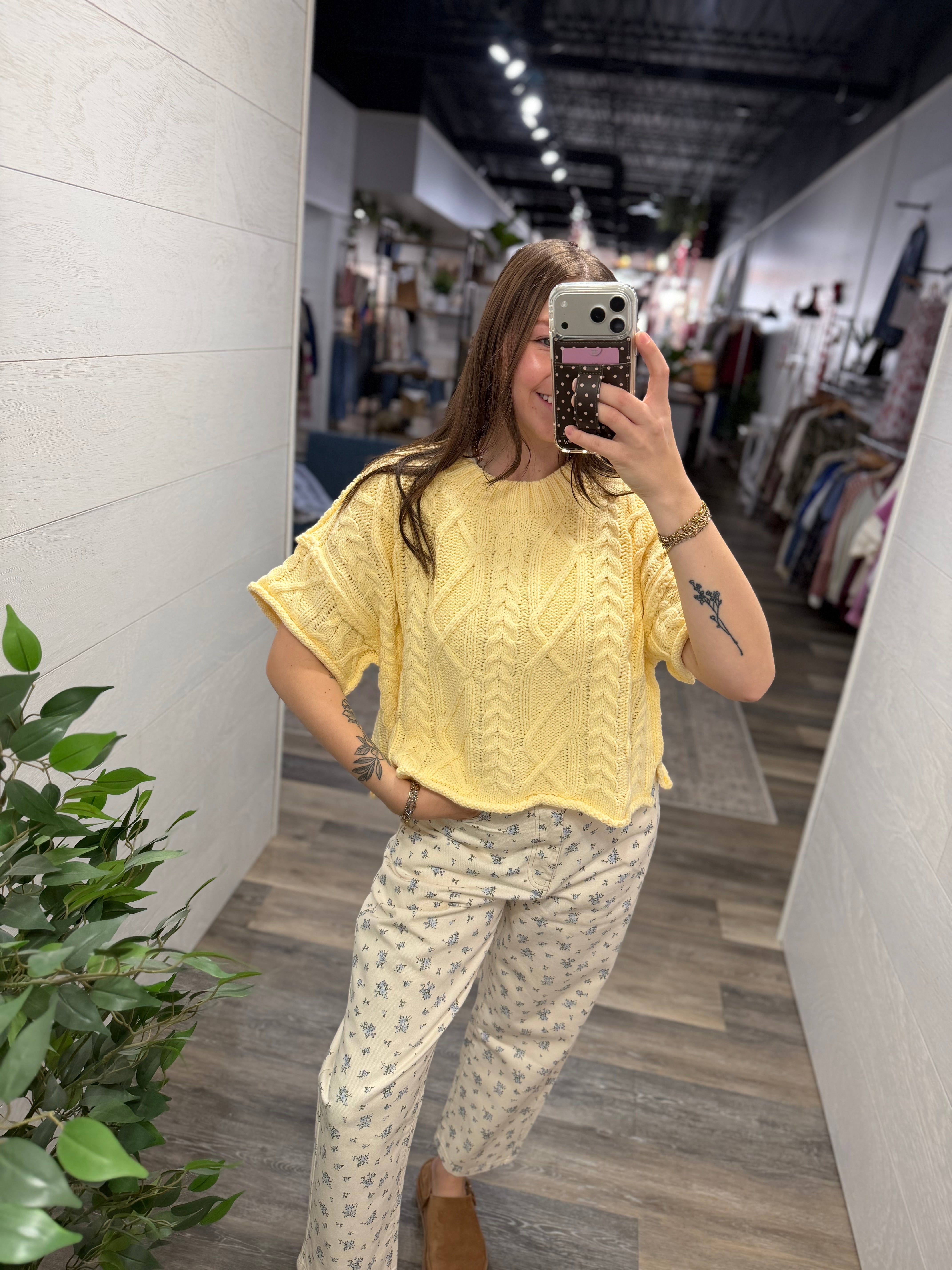 Yellow Knit Short Sleeve Sweater