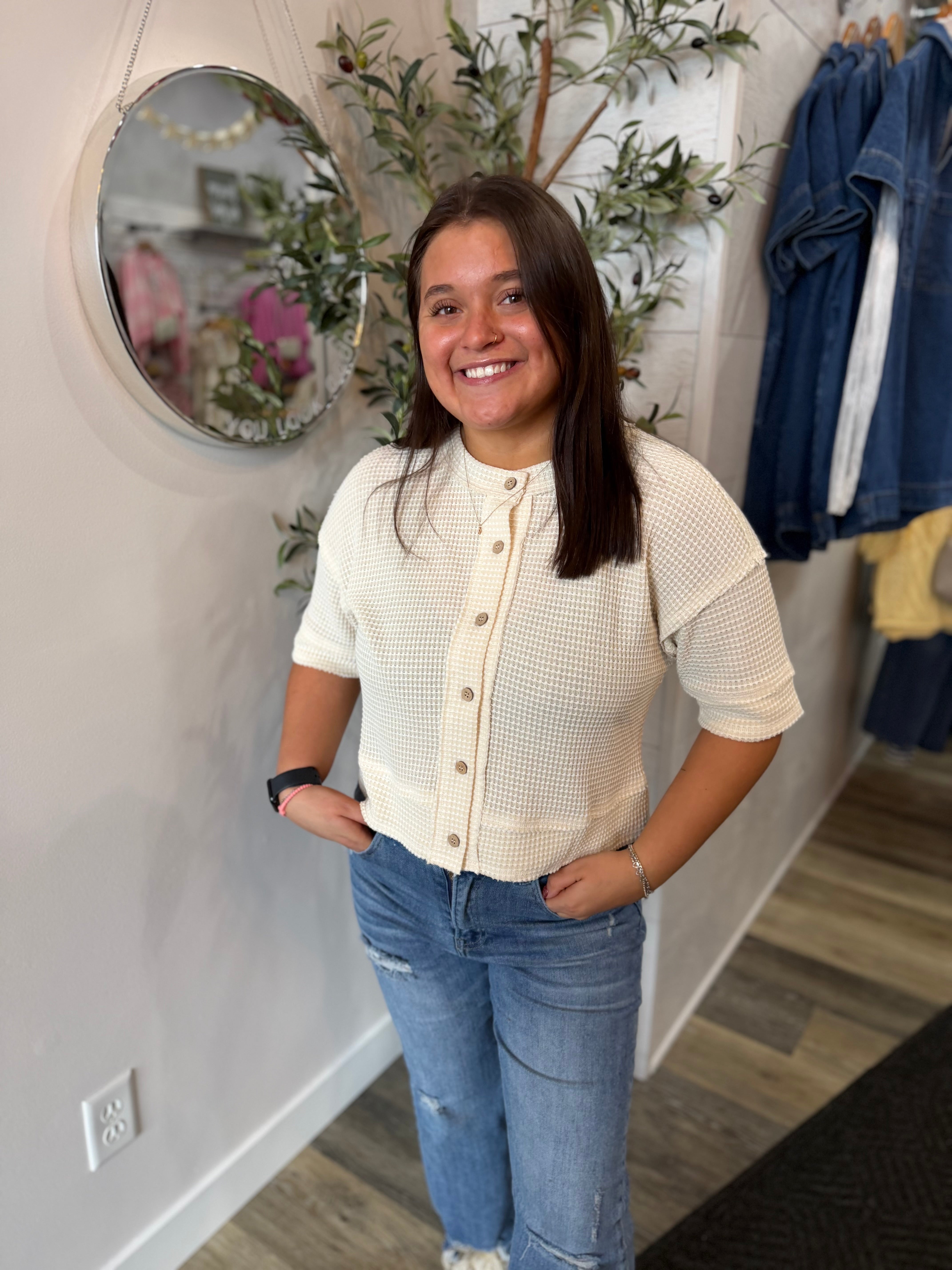 Cream Waffle Knit Short Sleeve Cardi