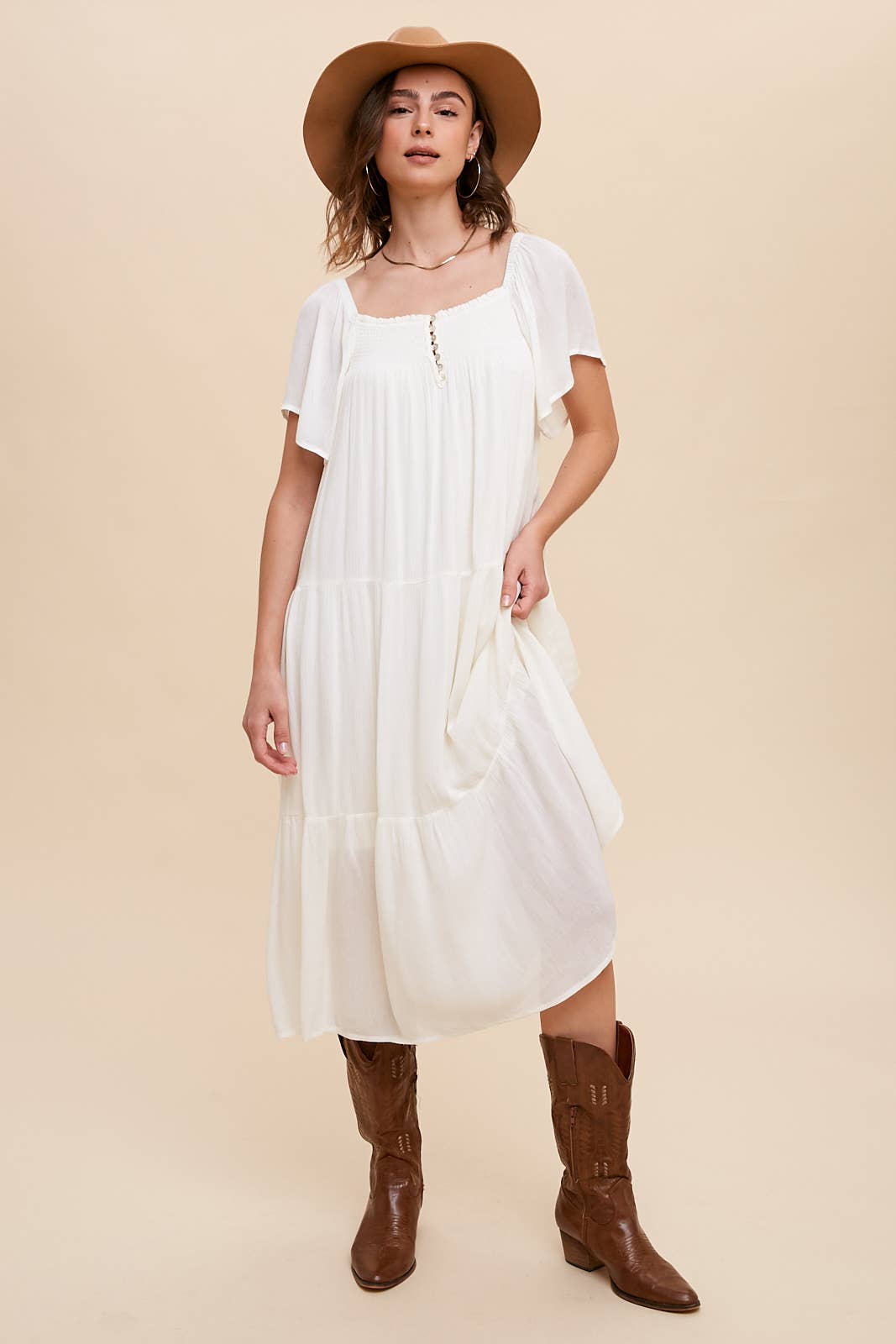White Smocked Flutter Sleeve Midi Dress - FINAL SALE
