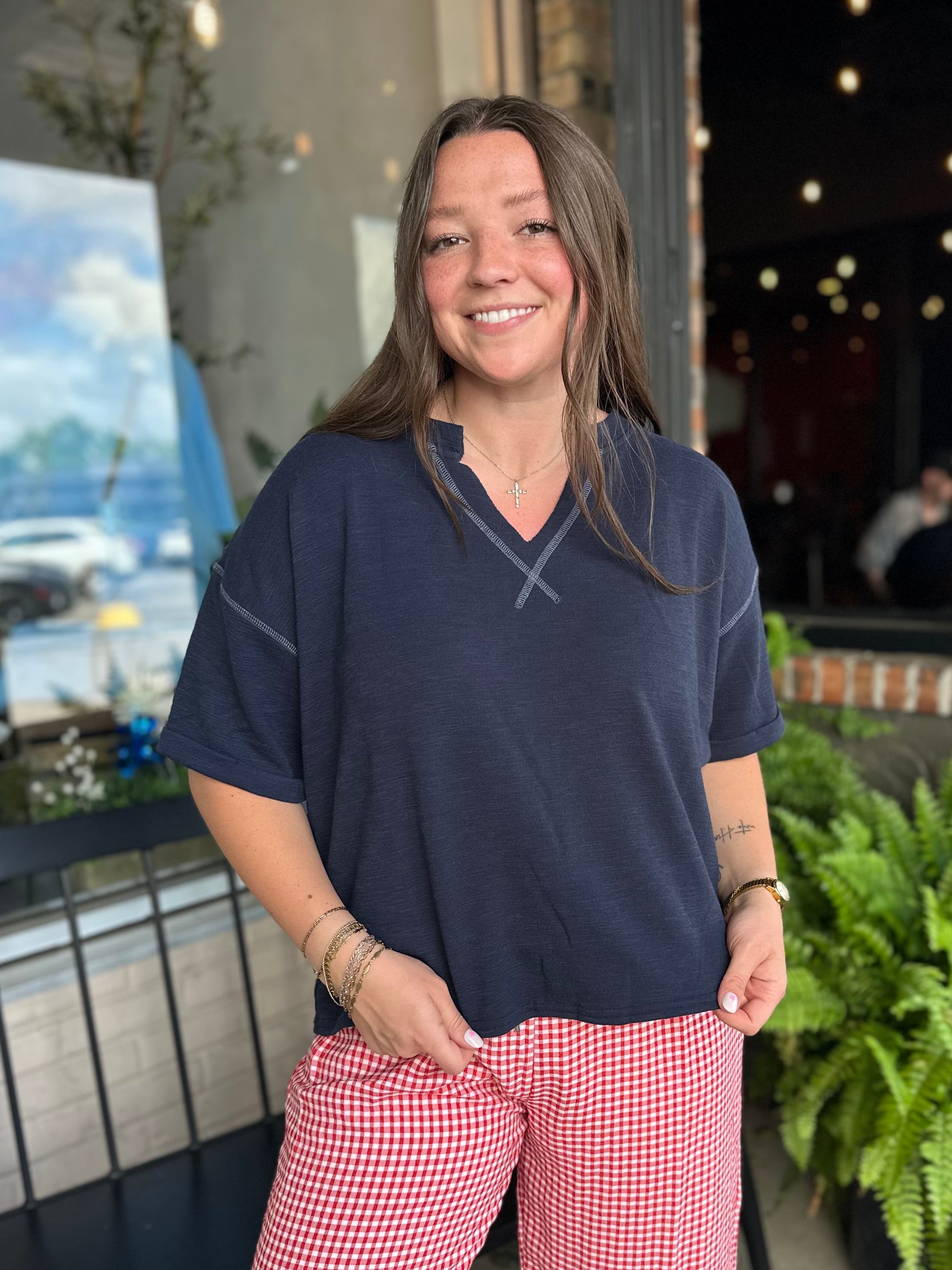 Navy Drop Shoulder Top