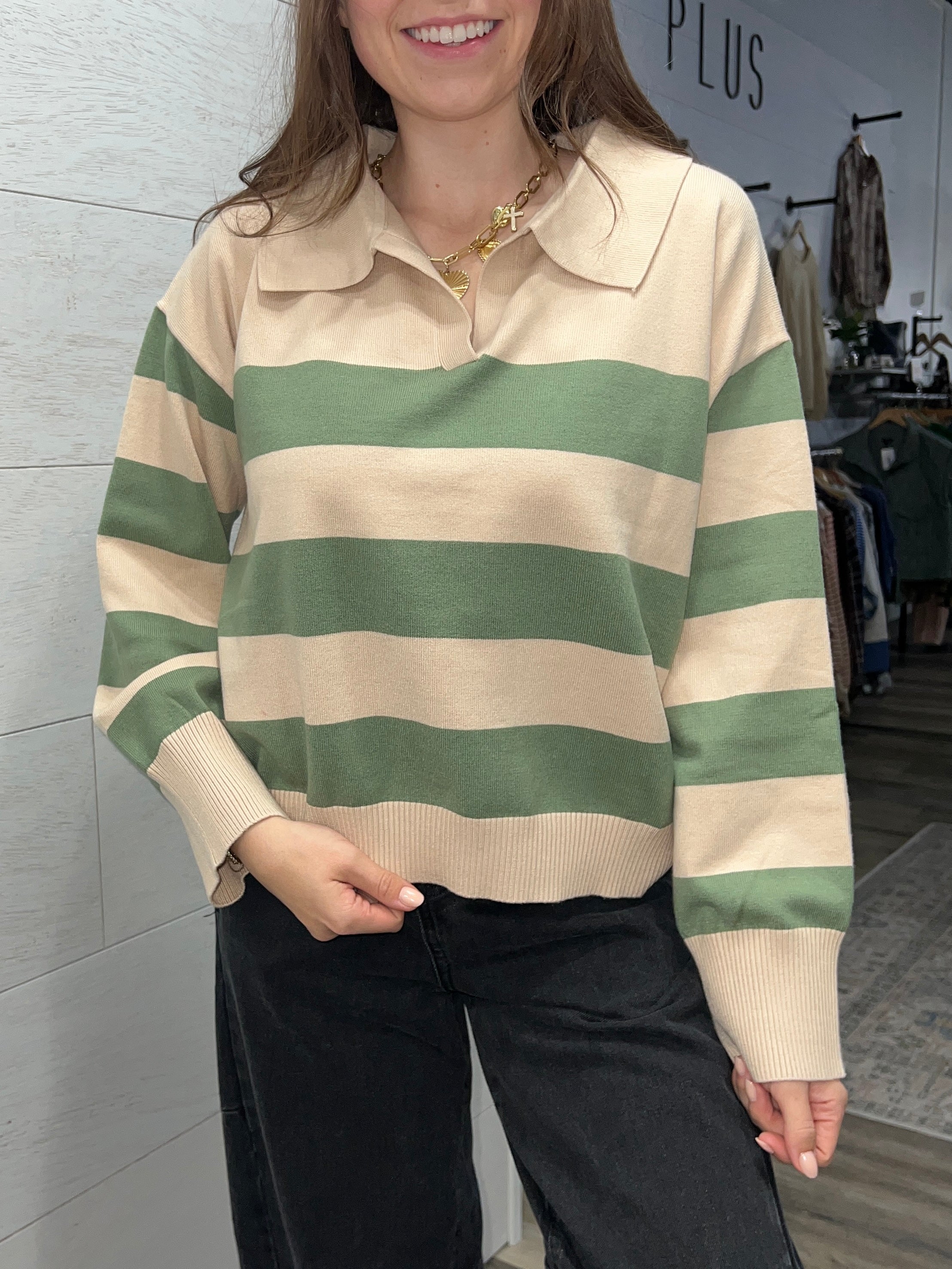 Olive Wide Stripe Polo Sweater - FINAL SALE