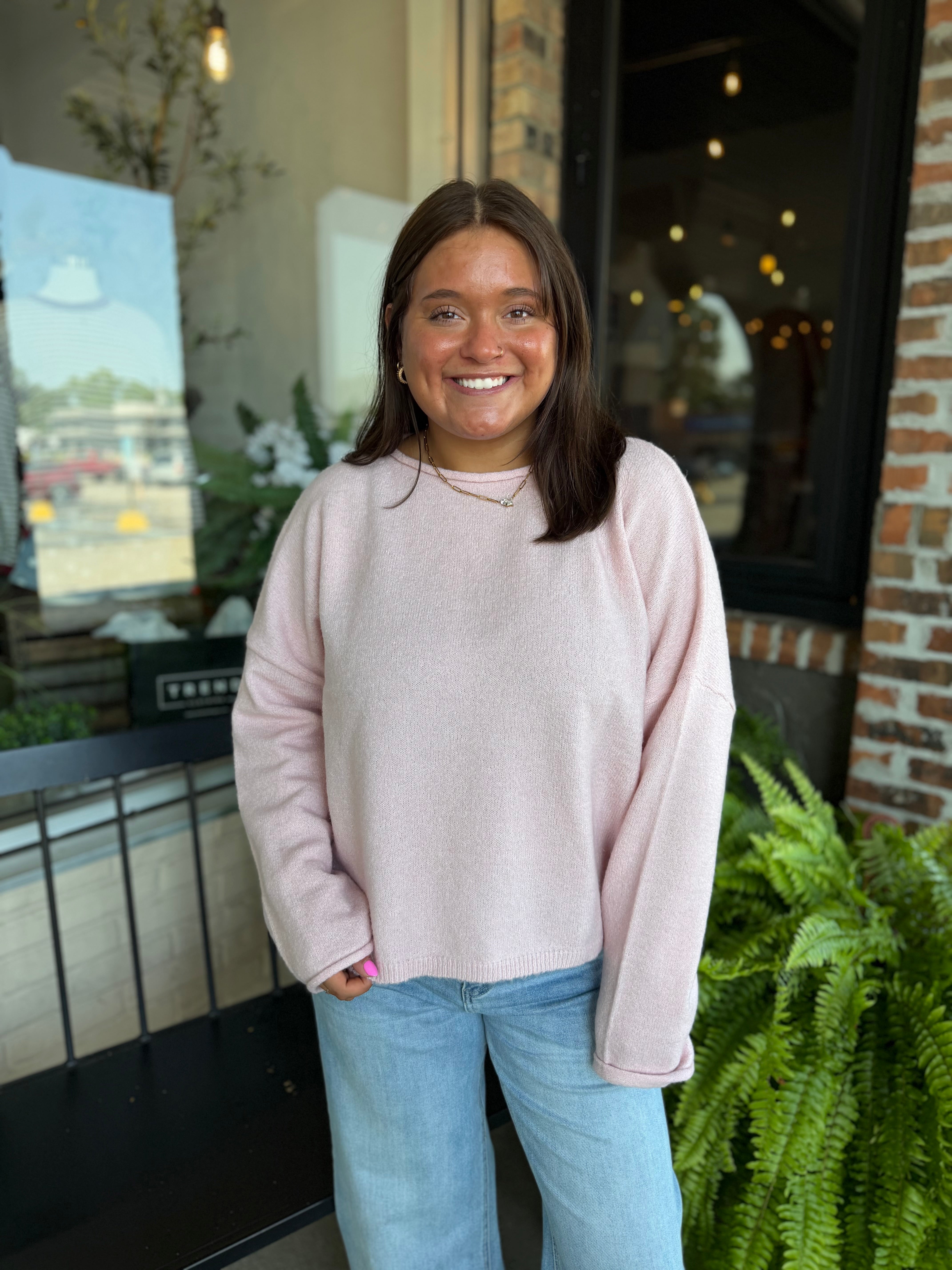 Pink Rolled Round Neck Sweater