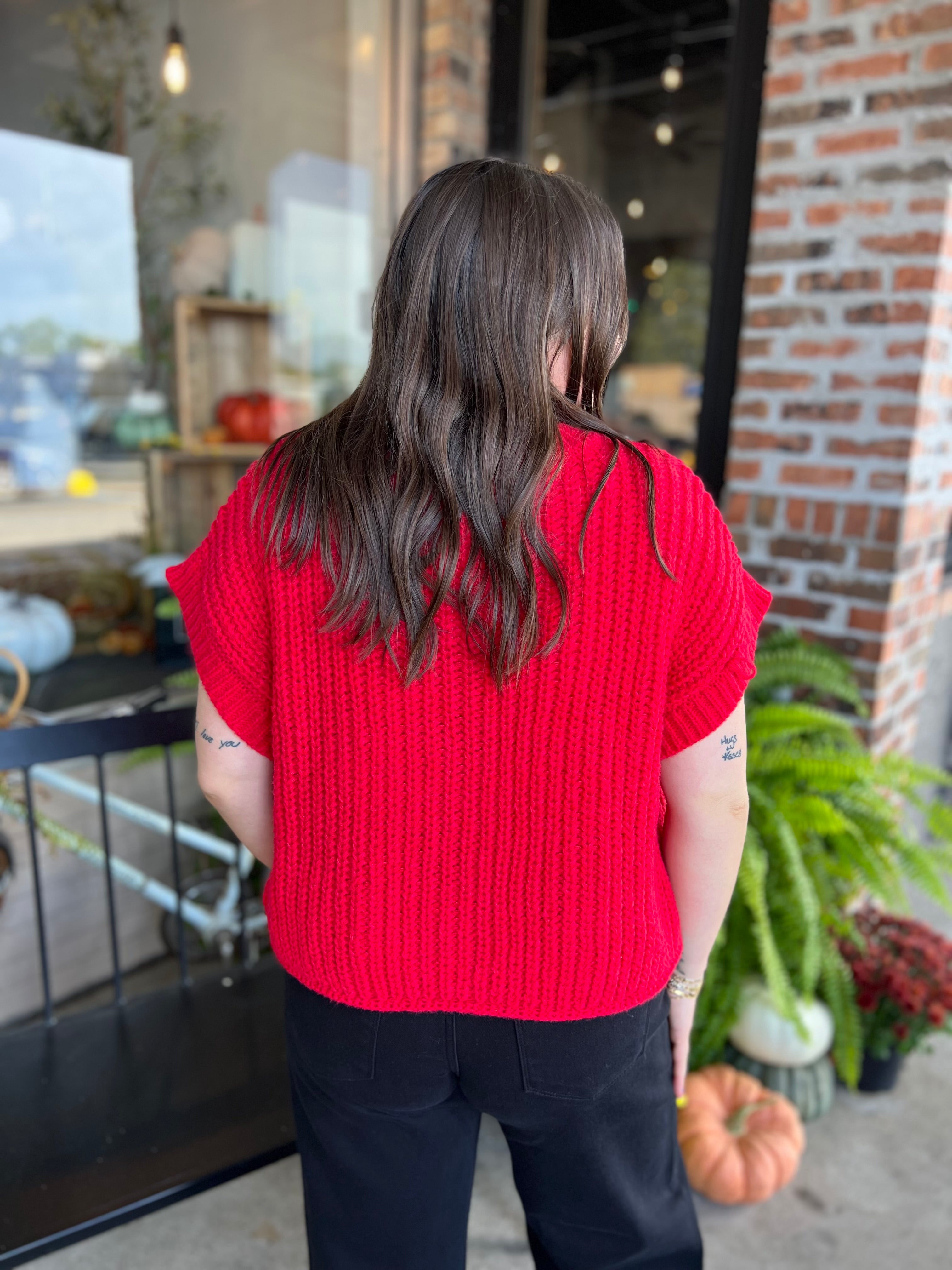Red Oversized Button Down Knit Sweater Top