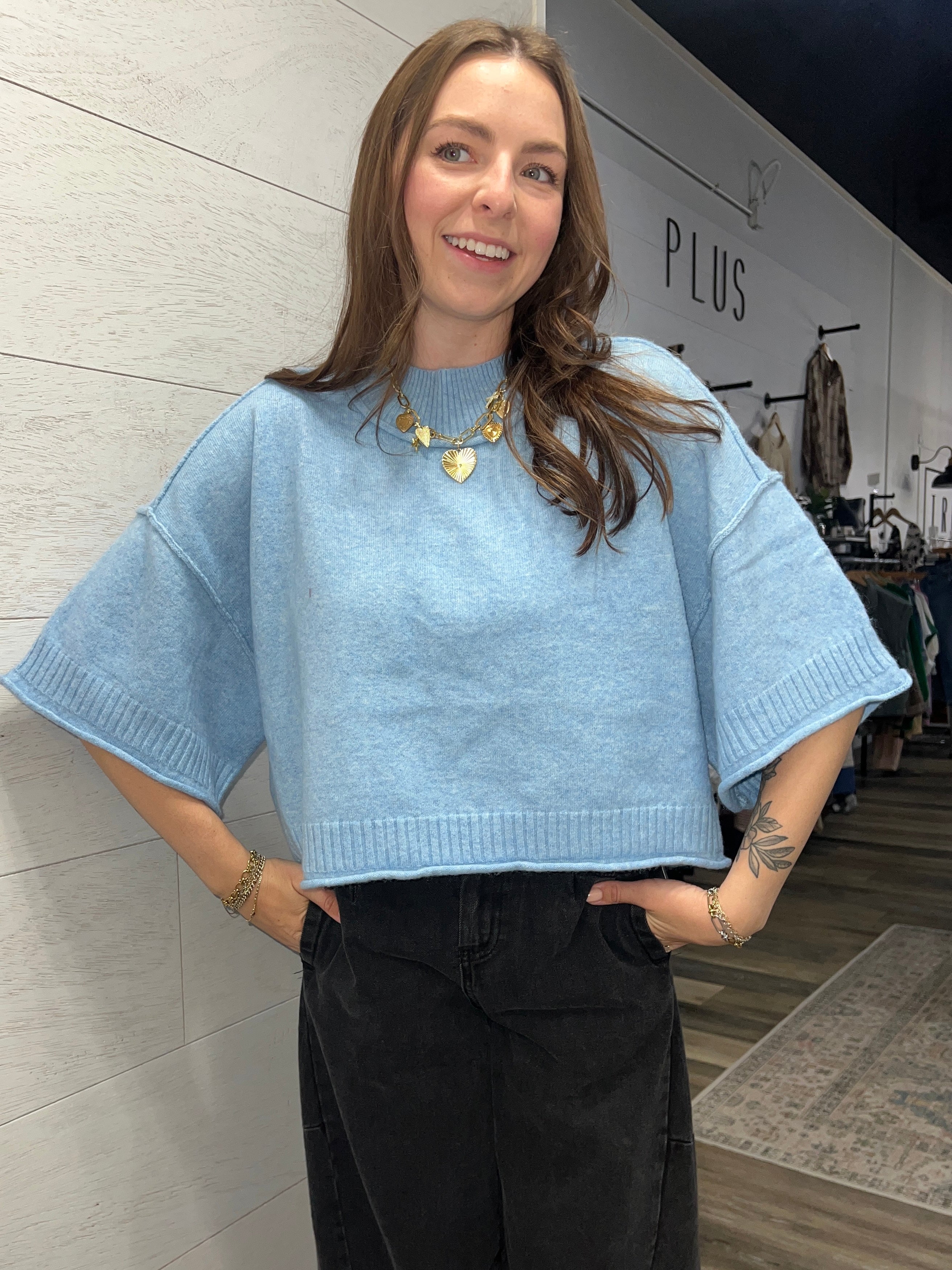 Blue Marled Mock Neck Sweater