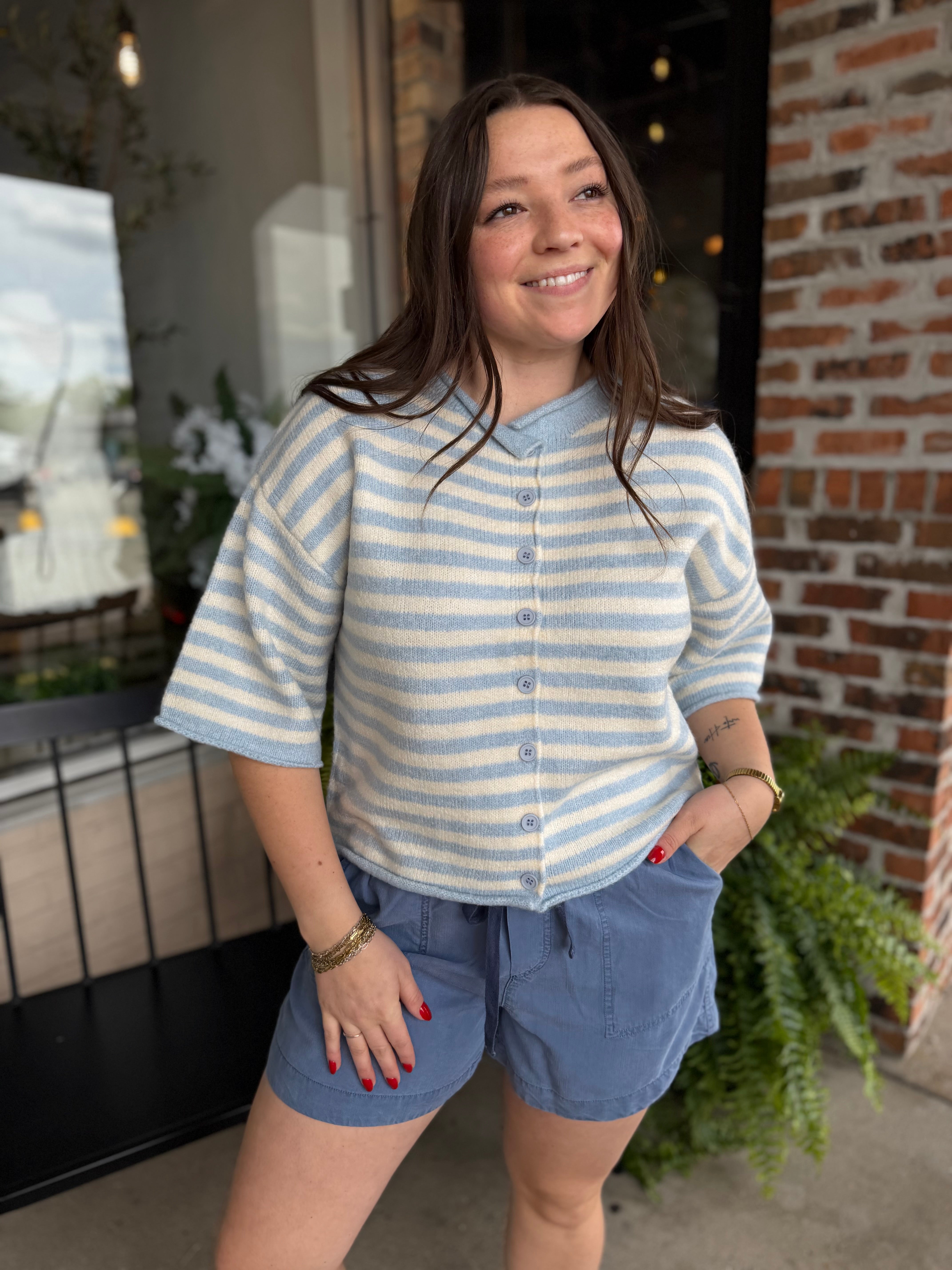 Blue Striped Quarter Sleeve Cardigan