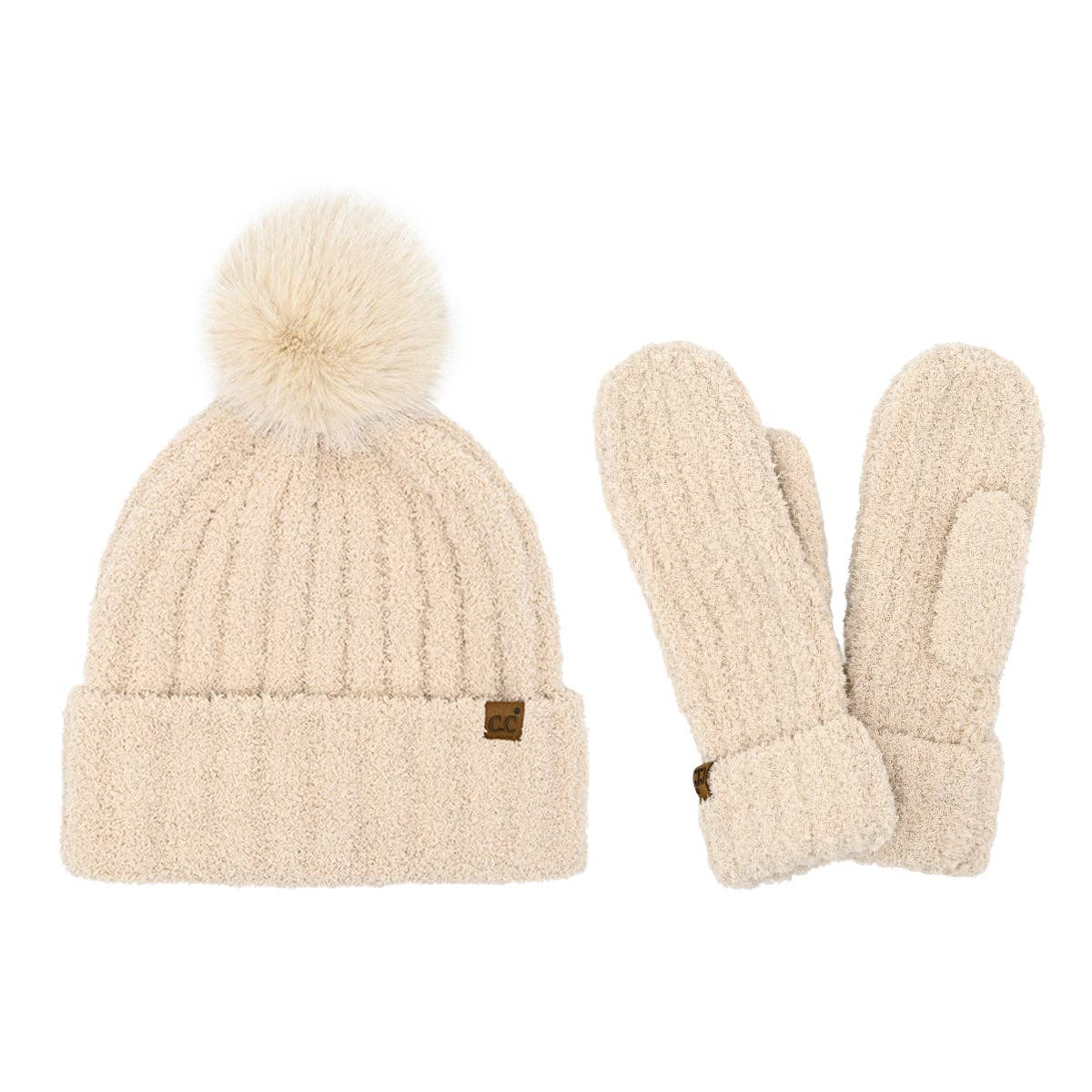 Beige Hat and Mitten Set