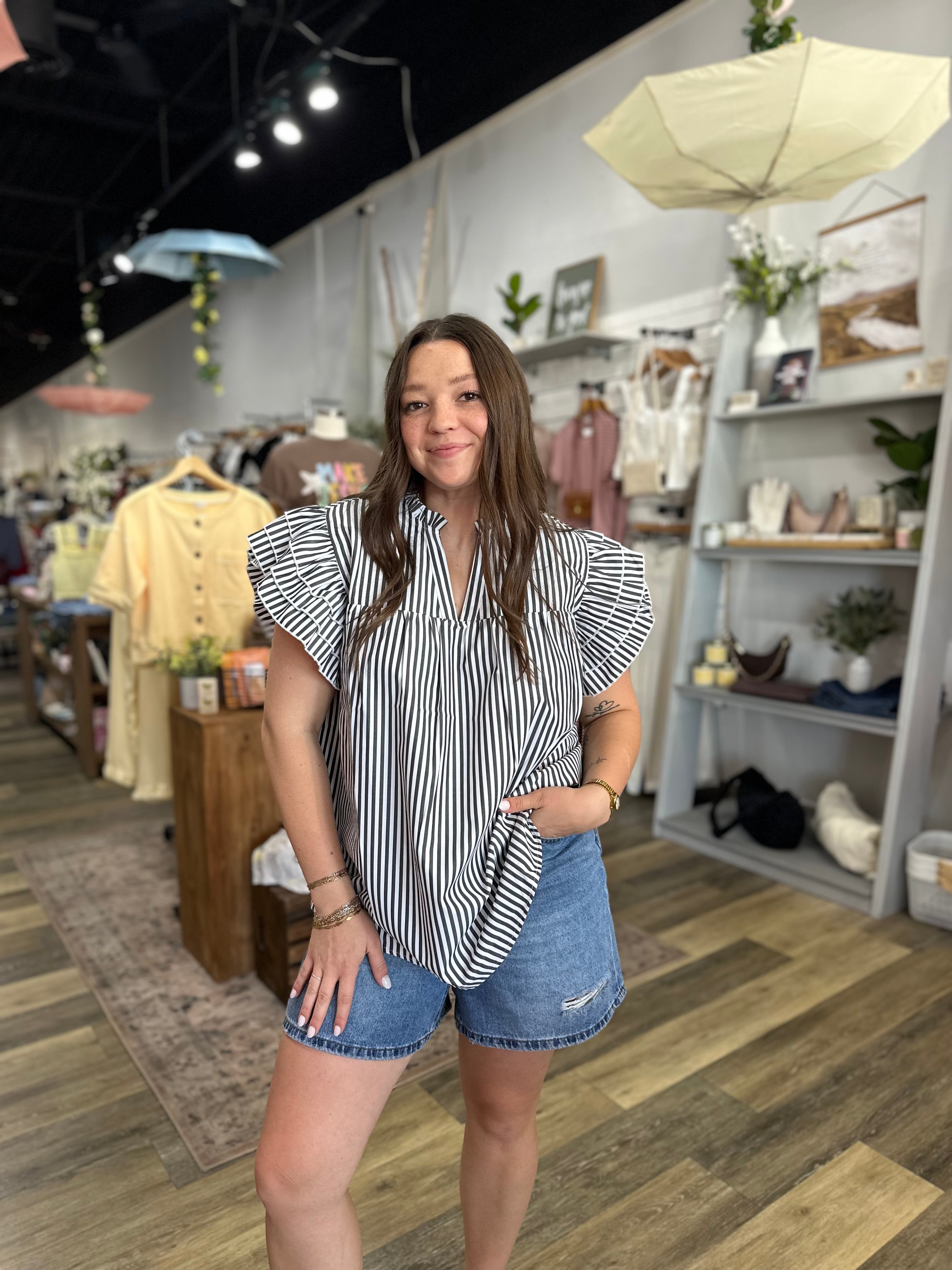Black Striped Woven Ruffle Sleeve Babydoll Top