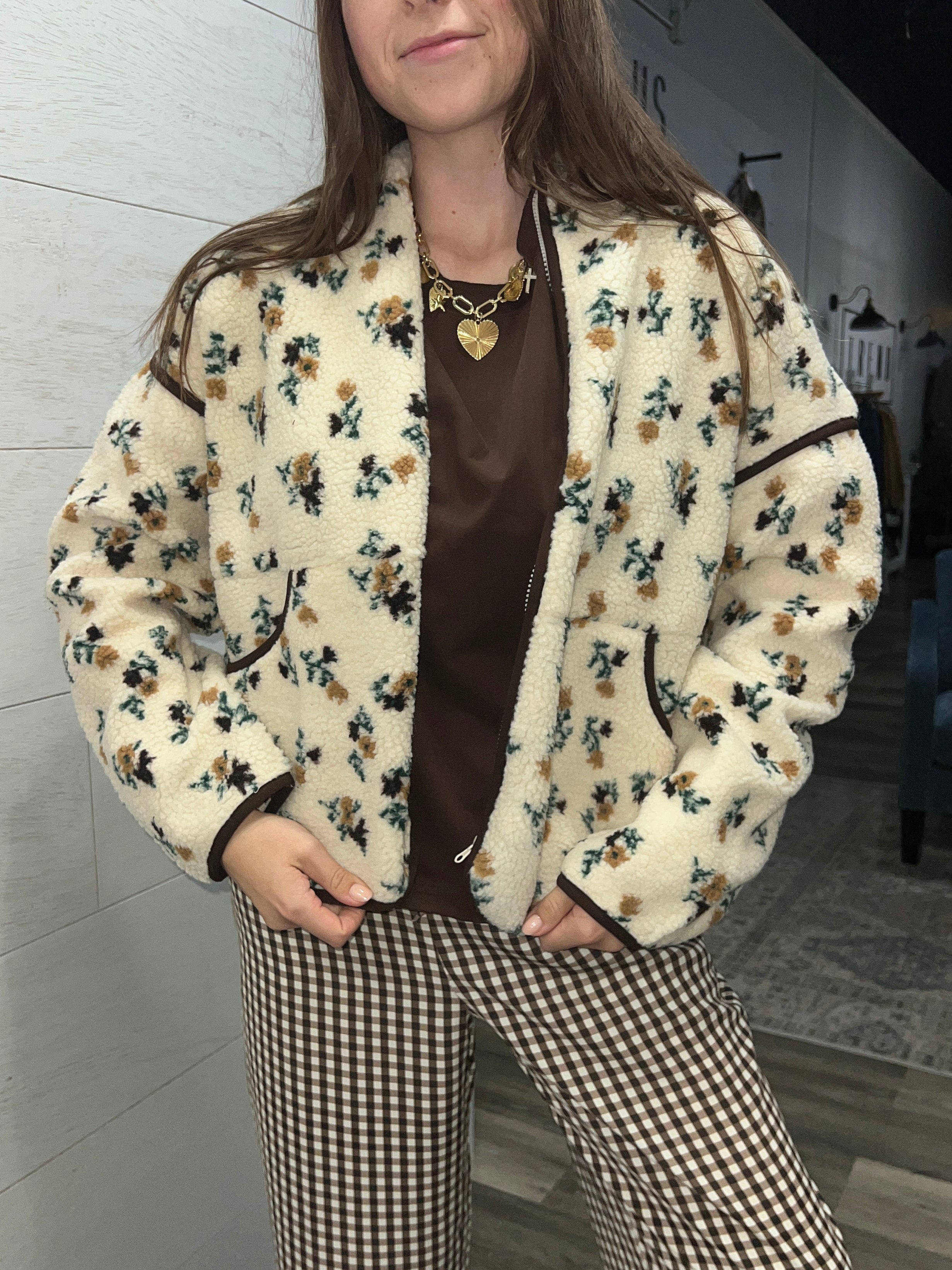 Cream Floral Fleece Jacket
