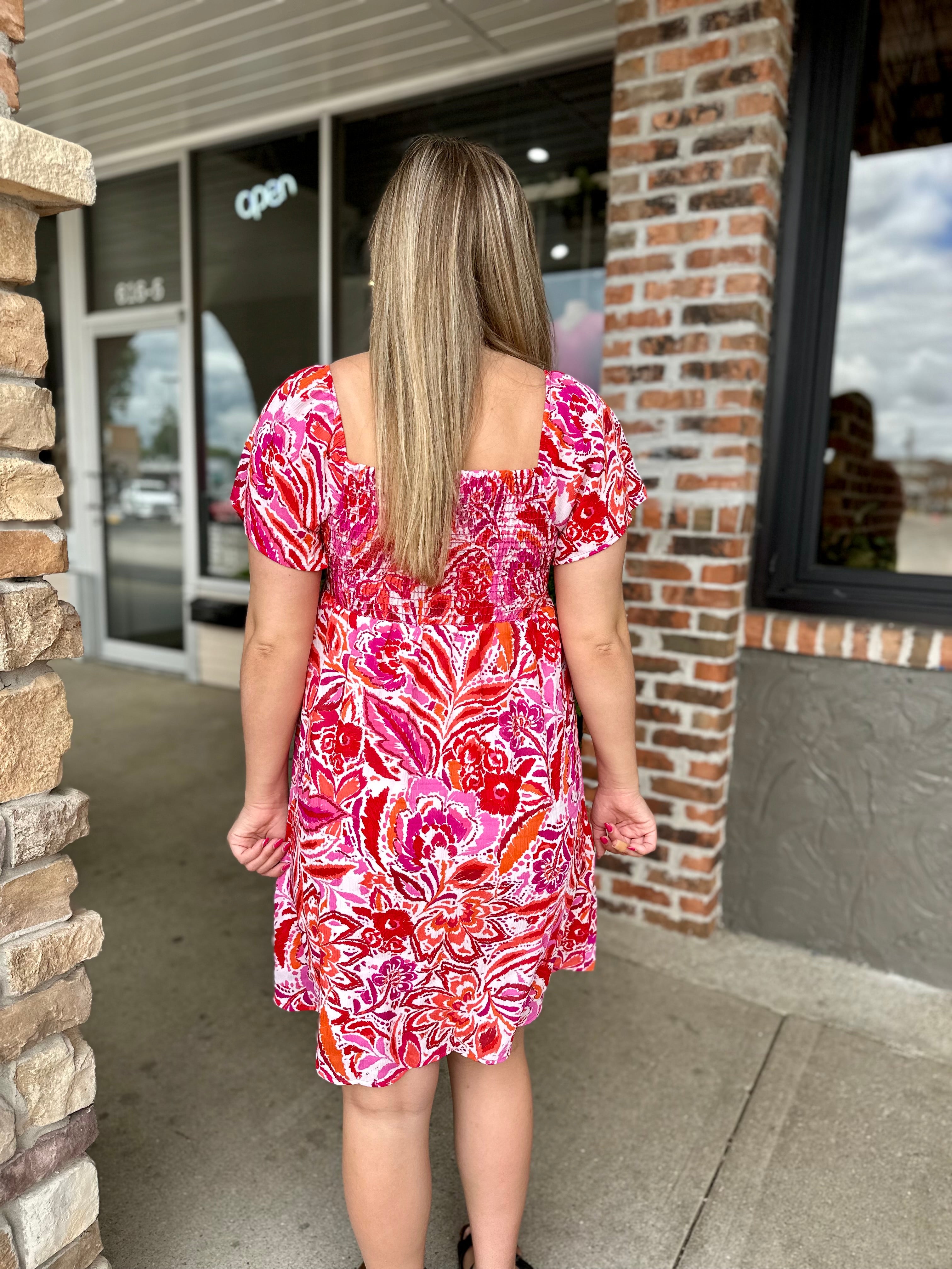Red Floral Square Neck Dress - FINAL SALE