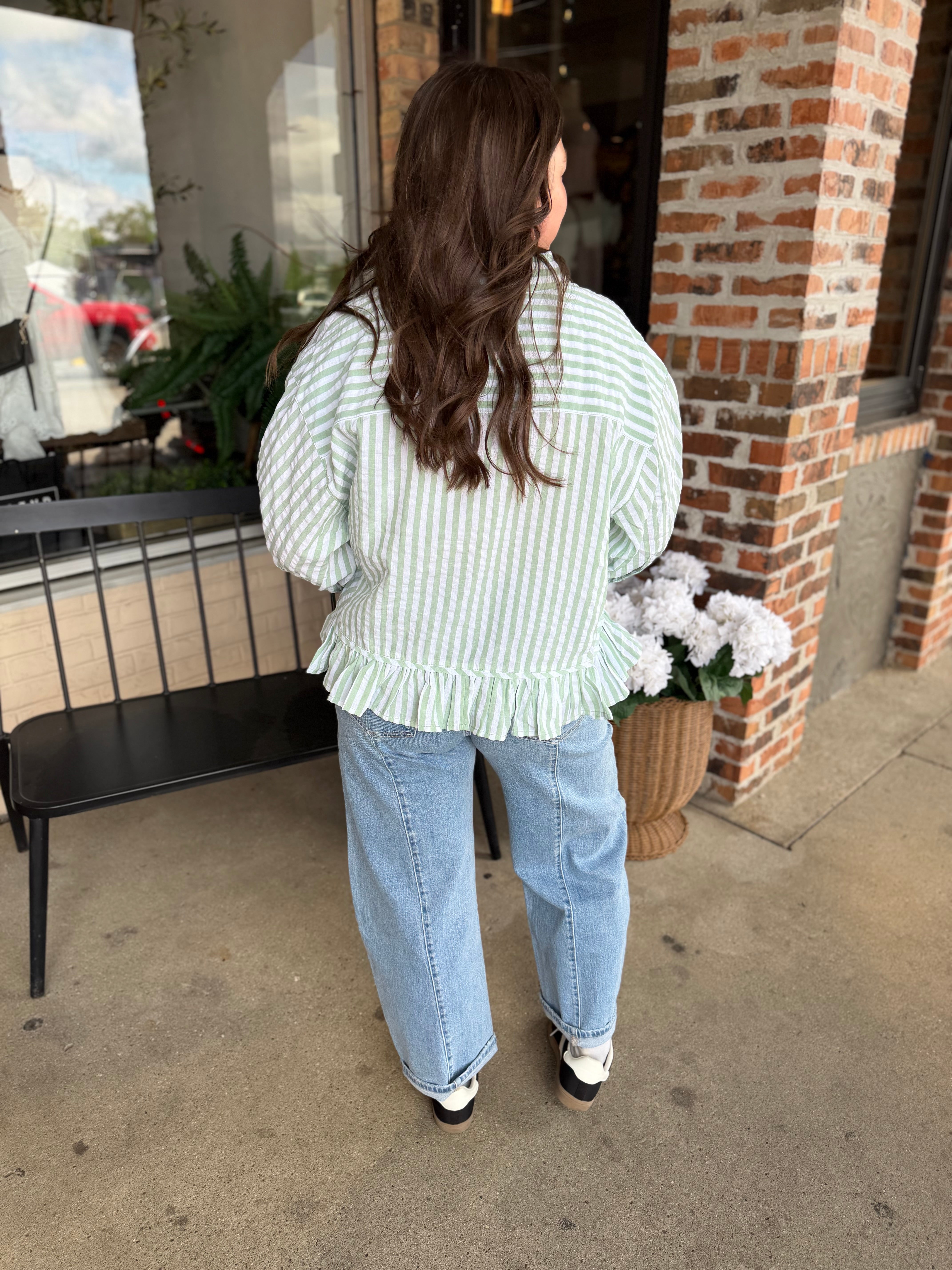 Sage Stripe Frill Hem Top - FINAL SALE