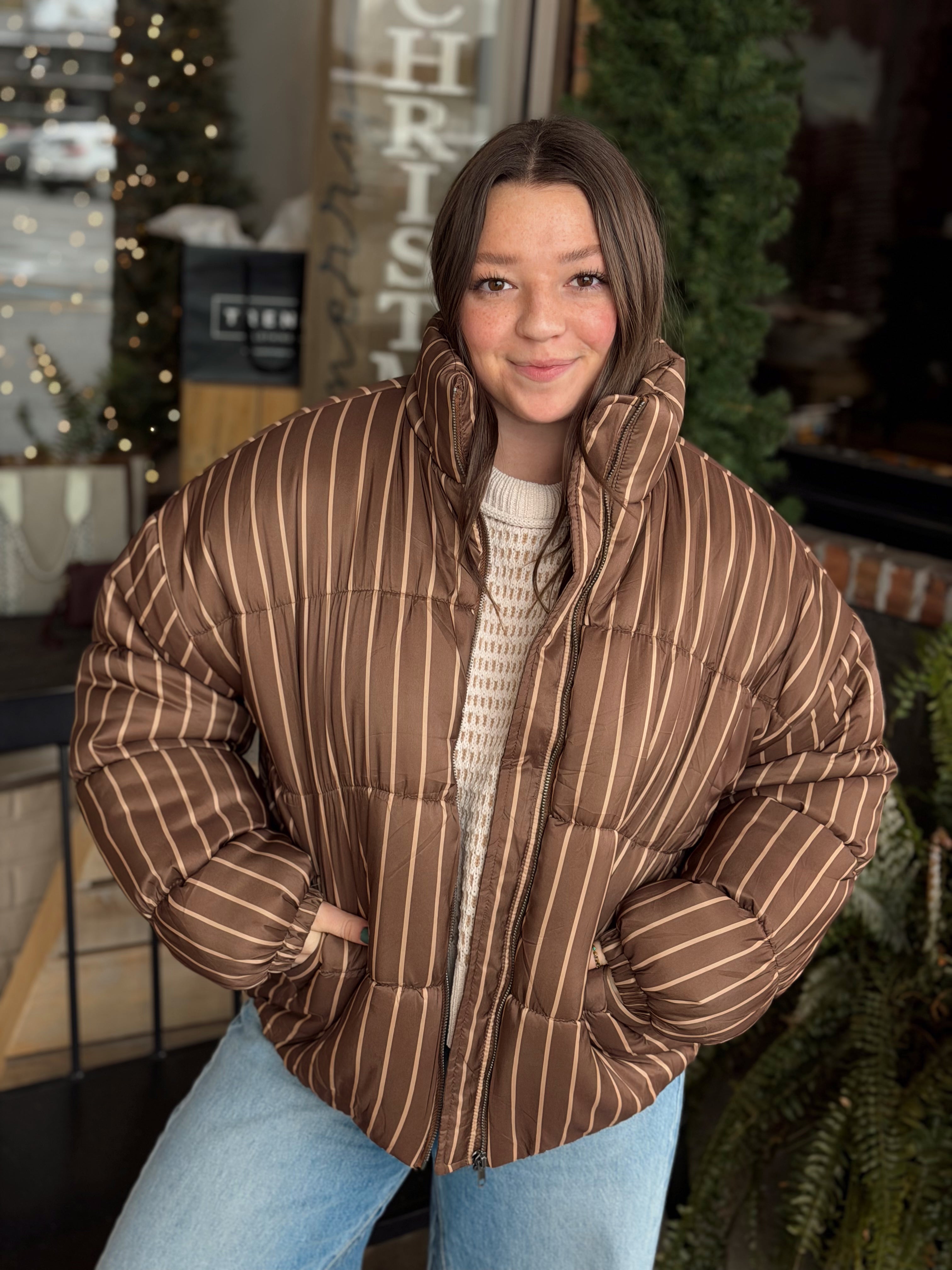 Brown Stripe Puffer Jacket