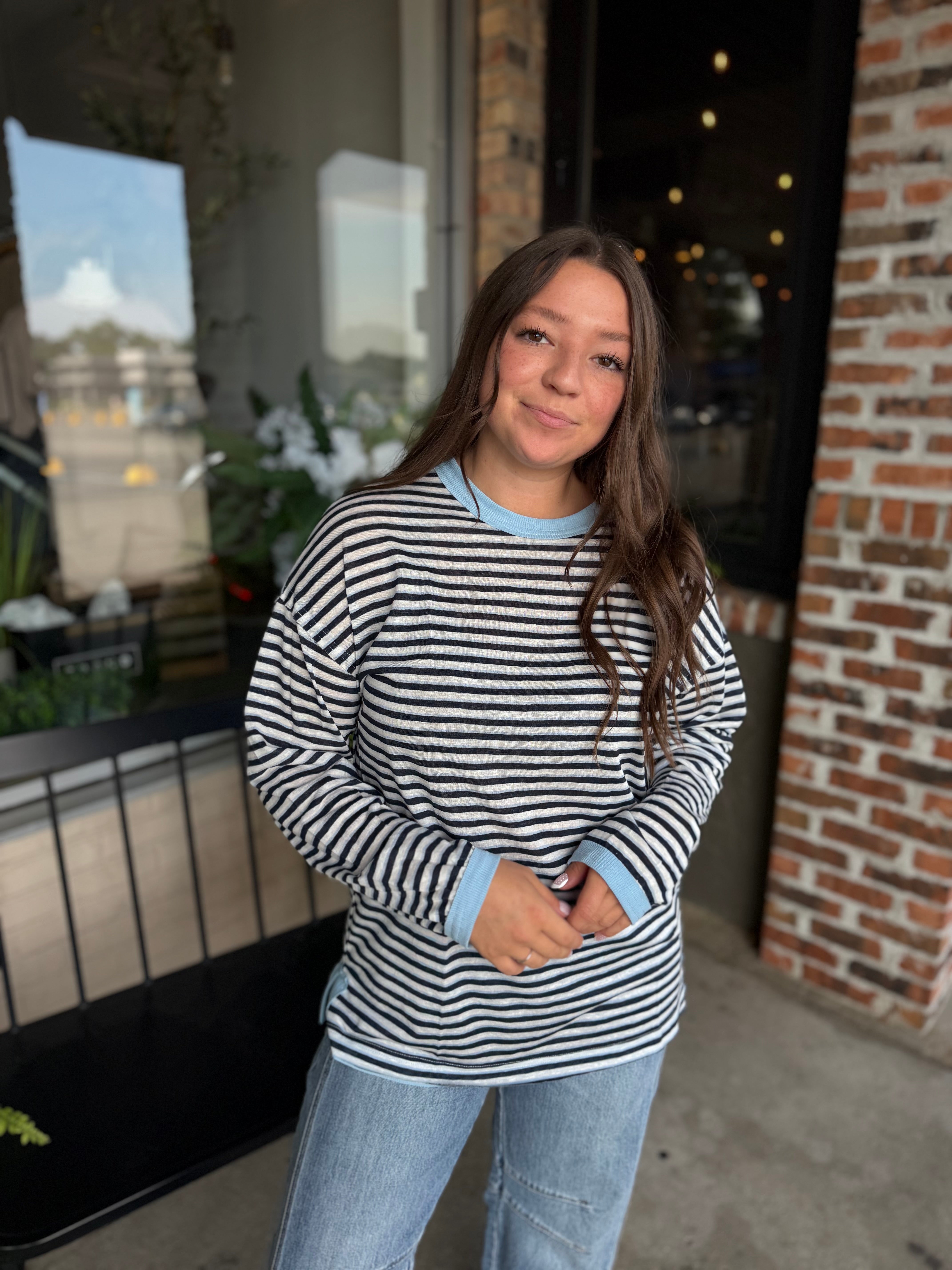 Blue Striped Jersey Long Sleeve Top