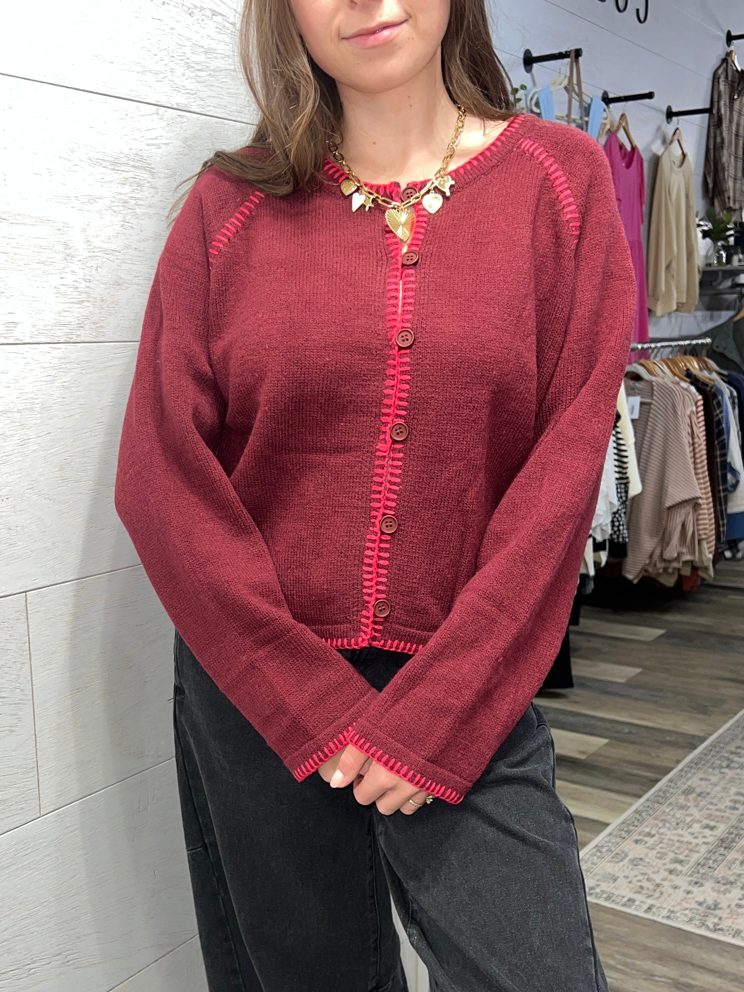 Red Contrast Stitch Sweater