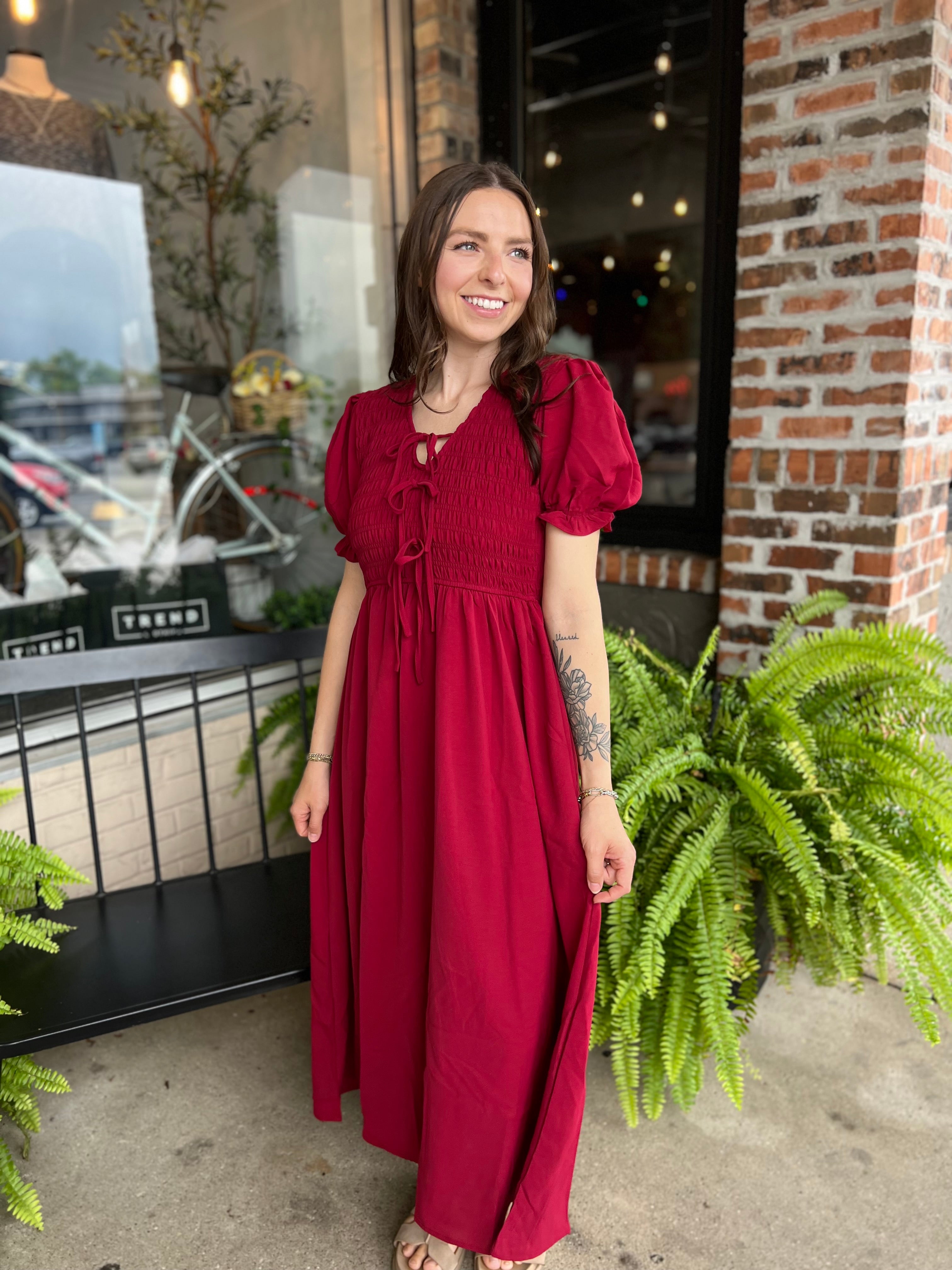 Deep Red Front Tie Midi Dress