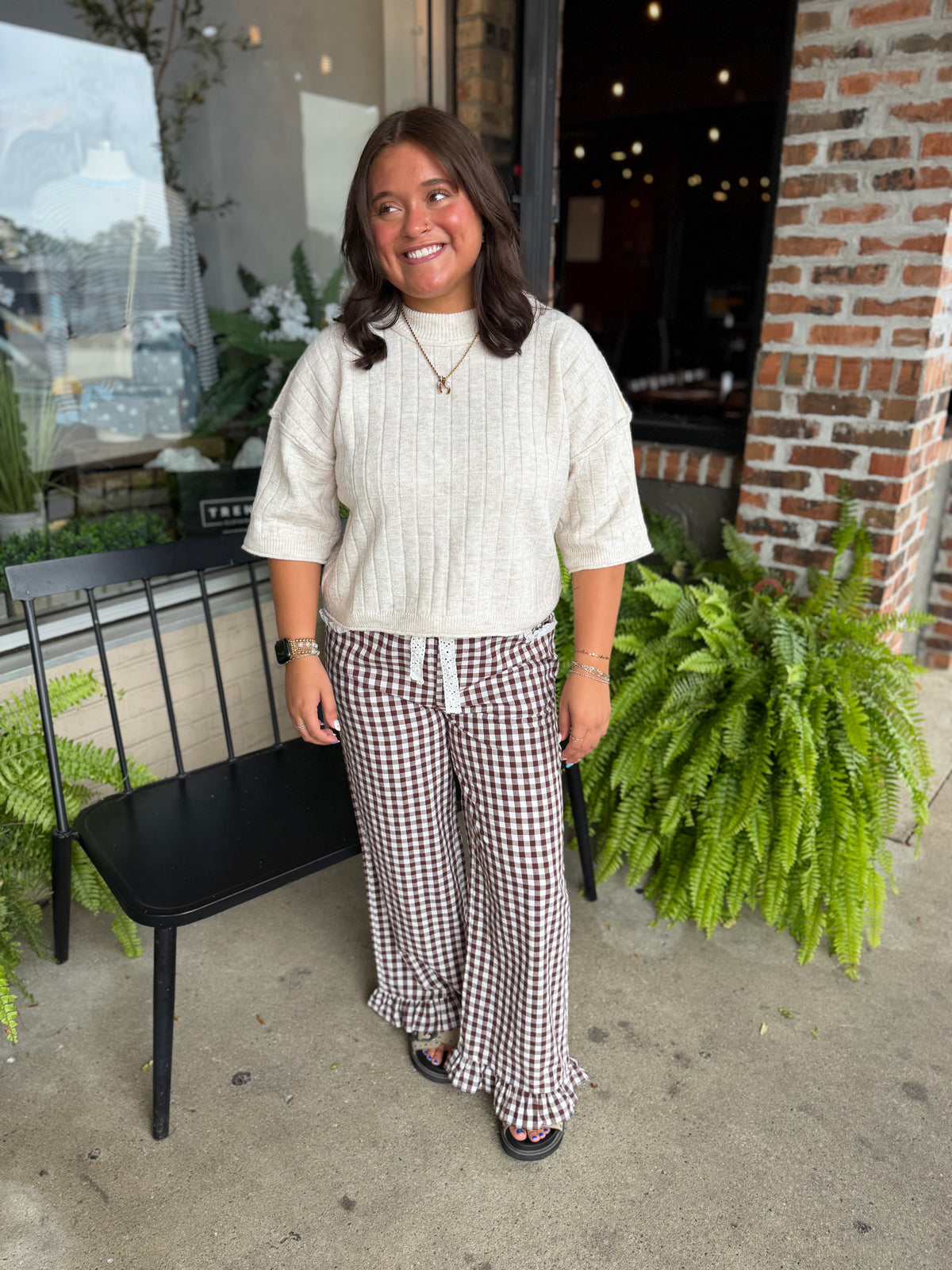Brown Gingham Lace Pants