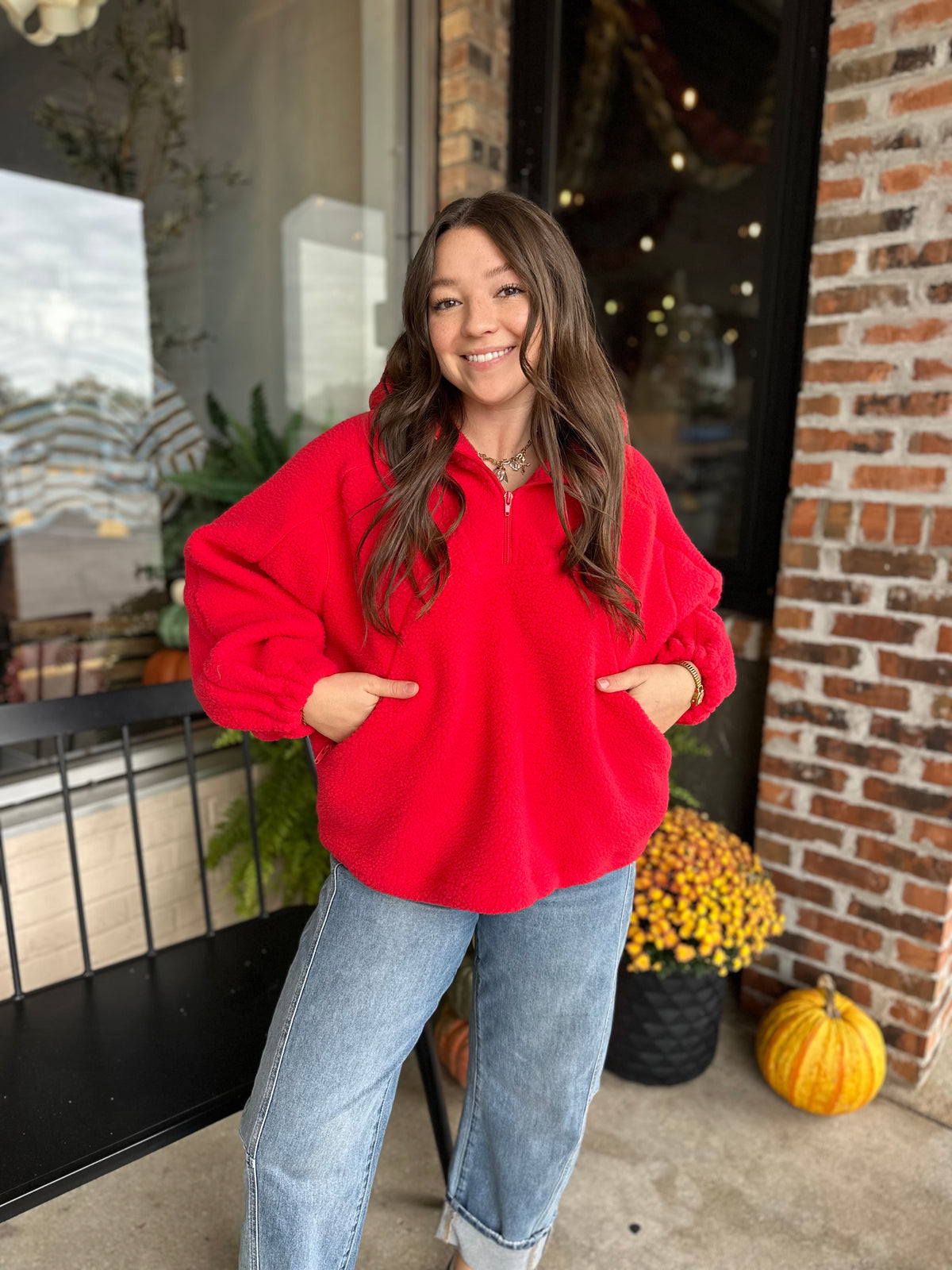 Red Half Zip Fleece Hoodie