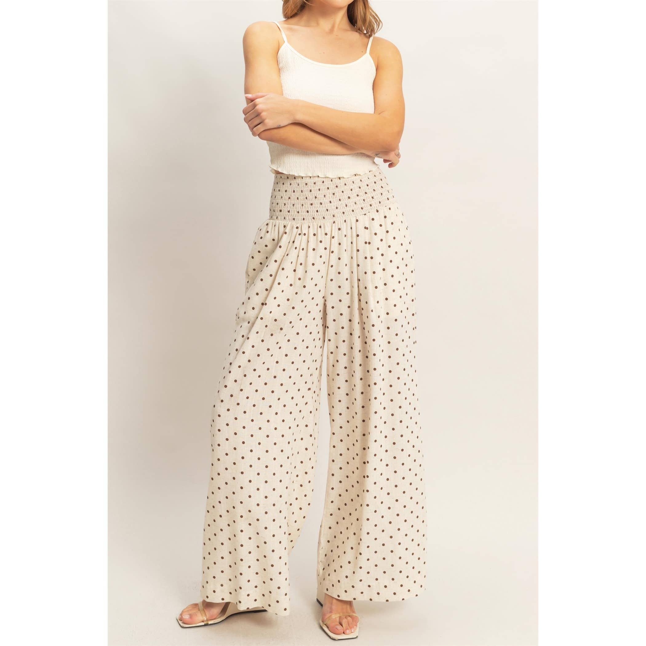 Oatmeal Polka Dot Elastic Wide-Leg Pants