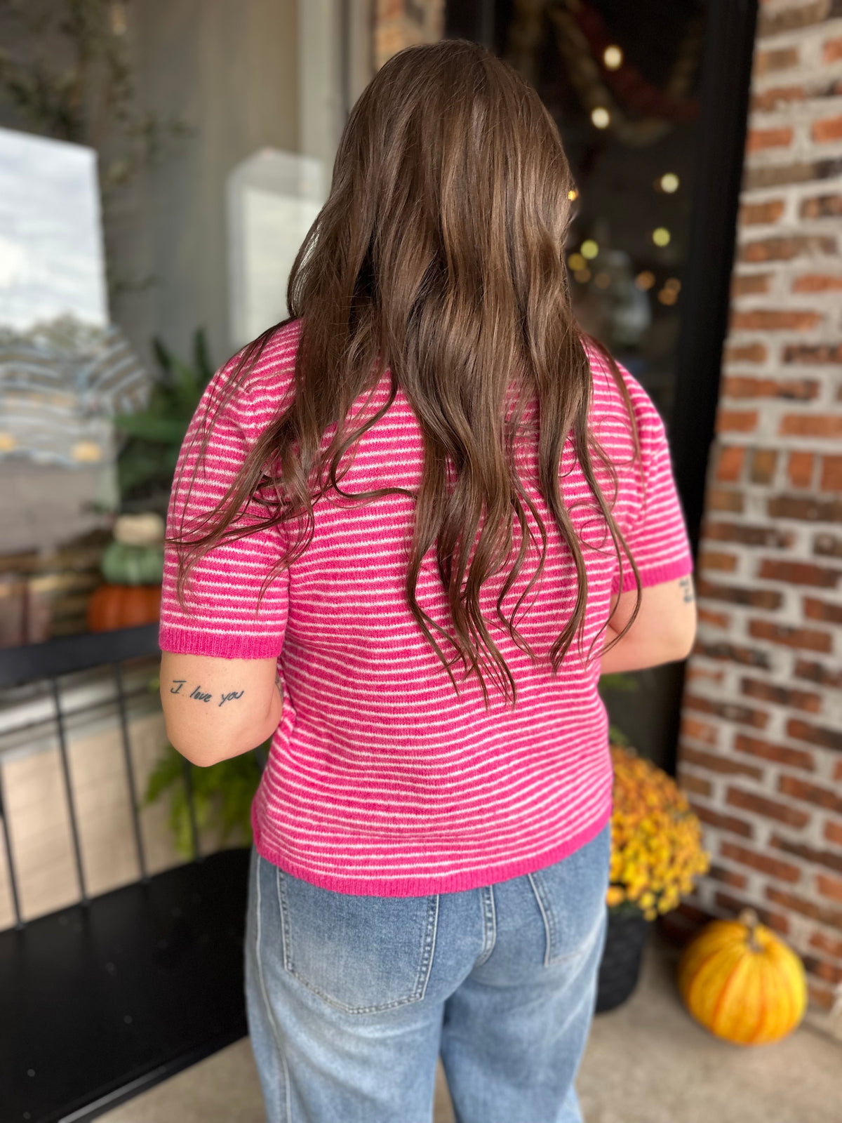 Pink Striped Short Sleeve Button Cardigan