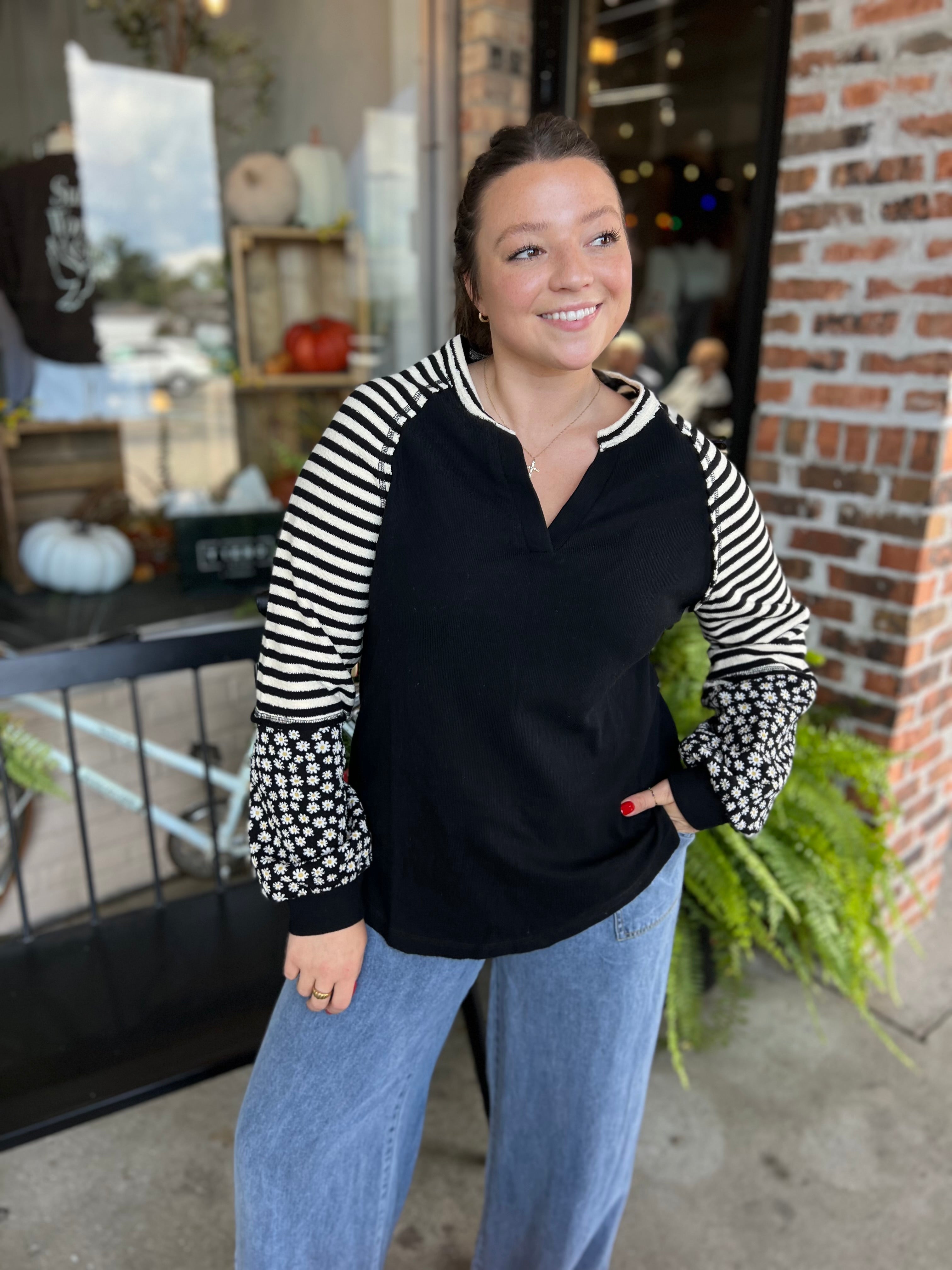 Black Oversized Floral & Stripe Top
