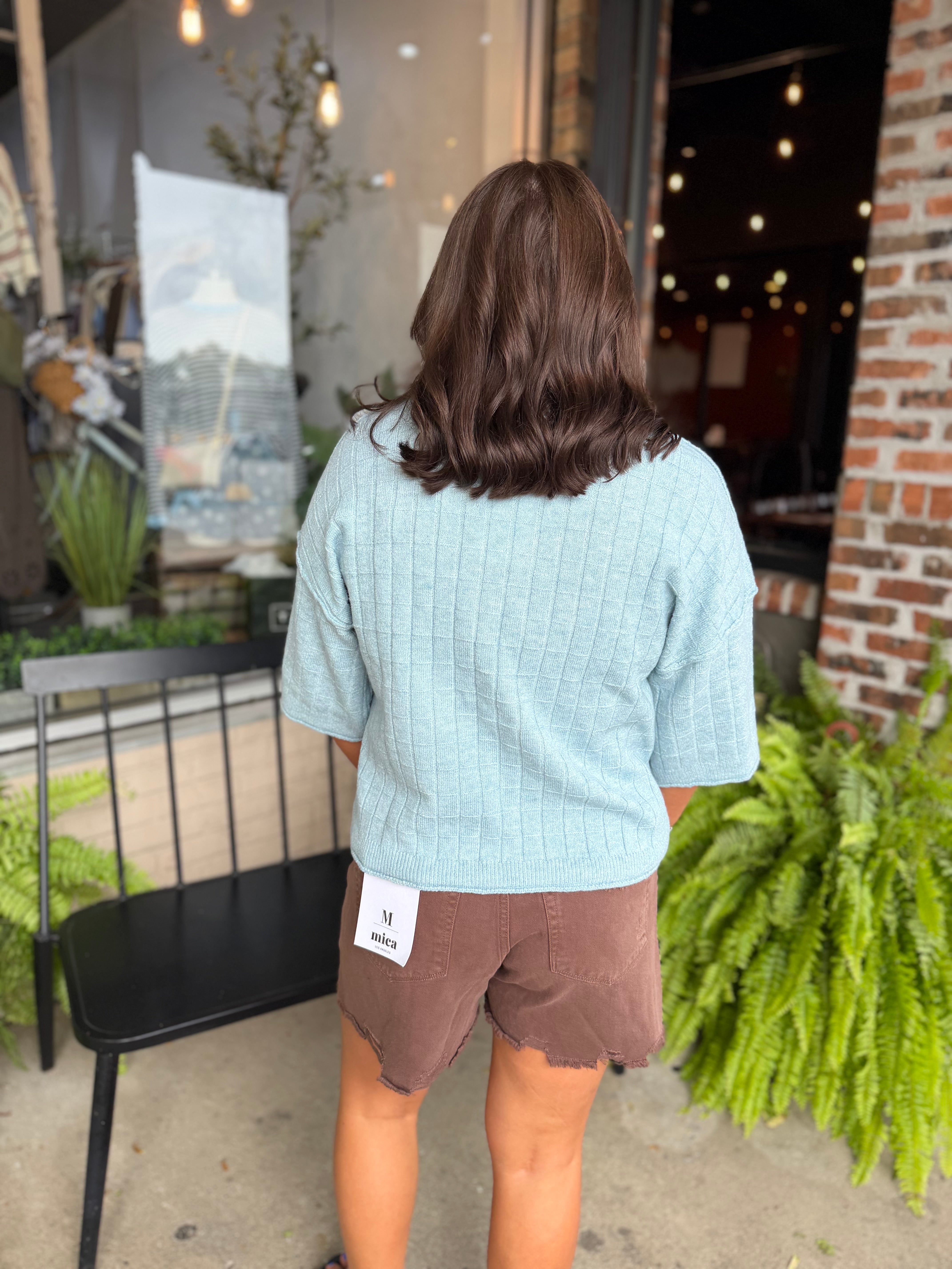 Blue Ribbed Knit Sweater