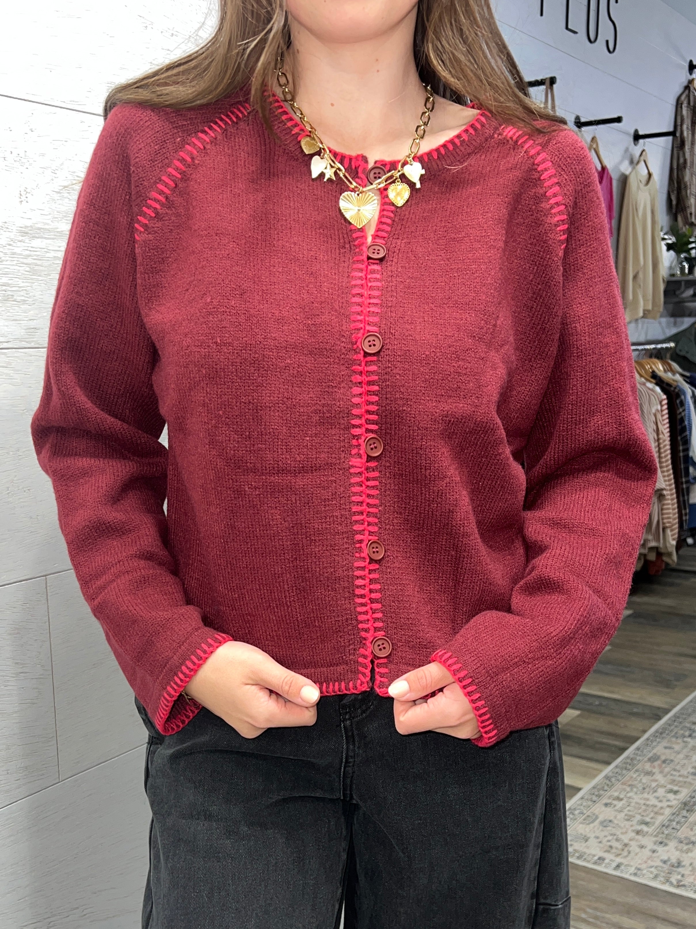 Red Contrast Stitch Sweater