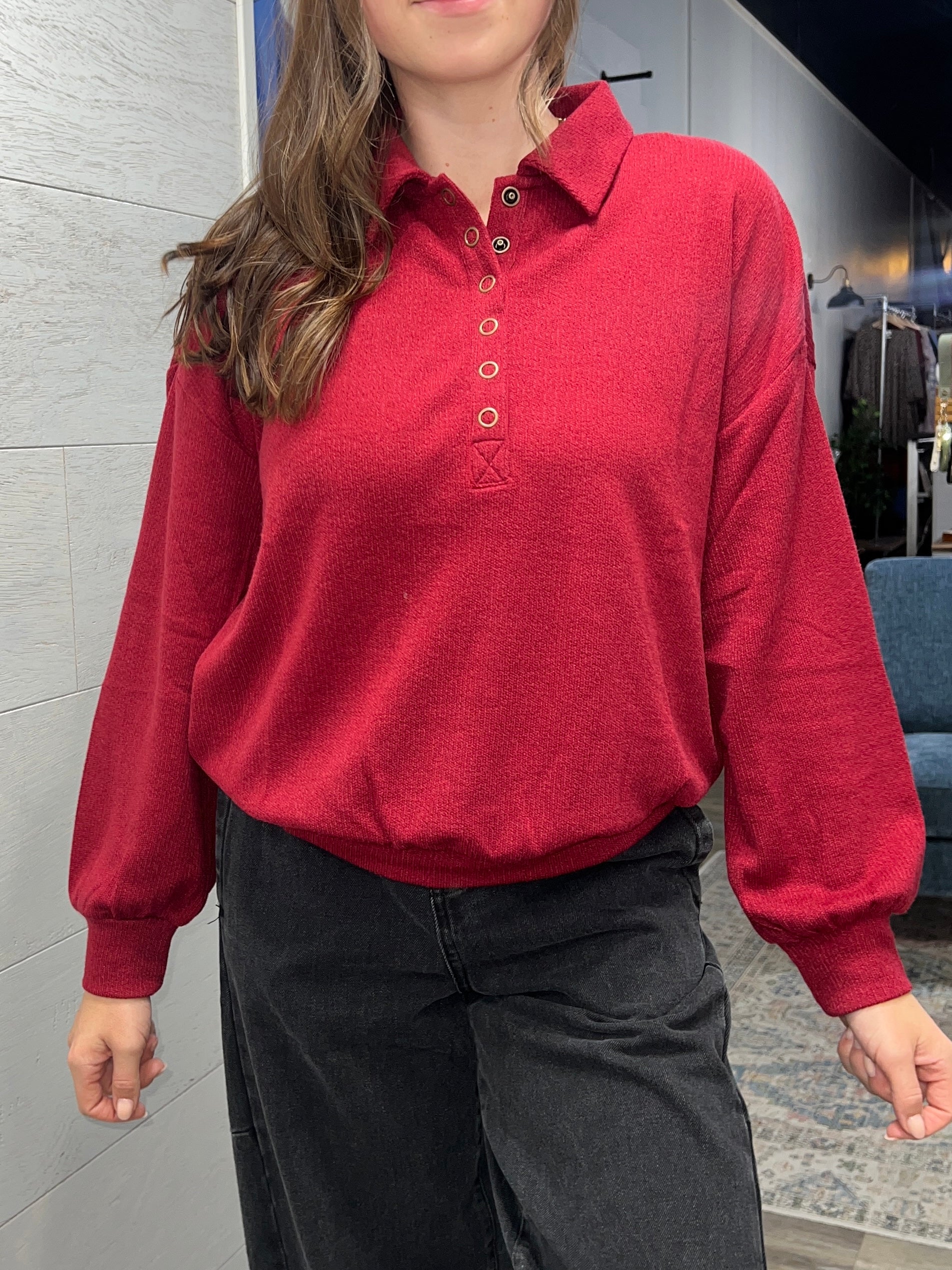 Red Half Snap Collared Top