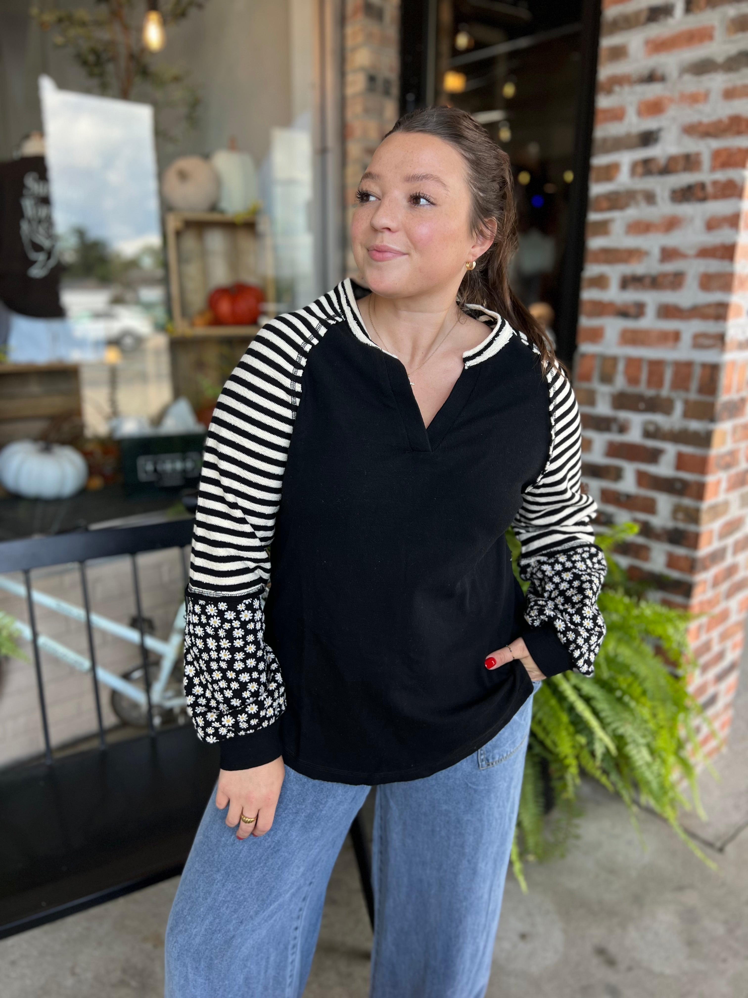Black Oversized Floral & Stripe Top