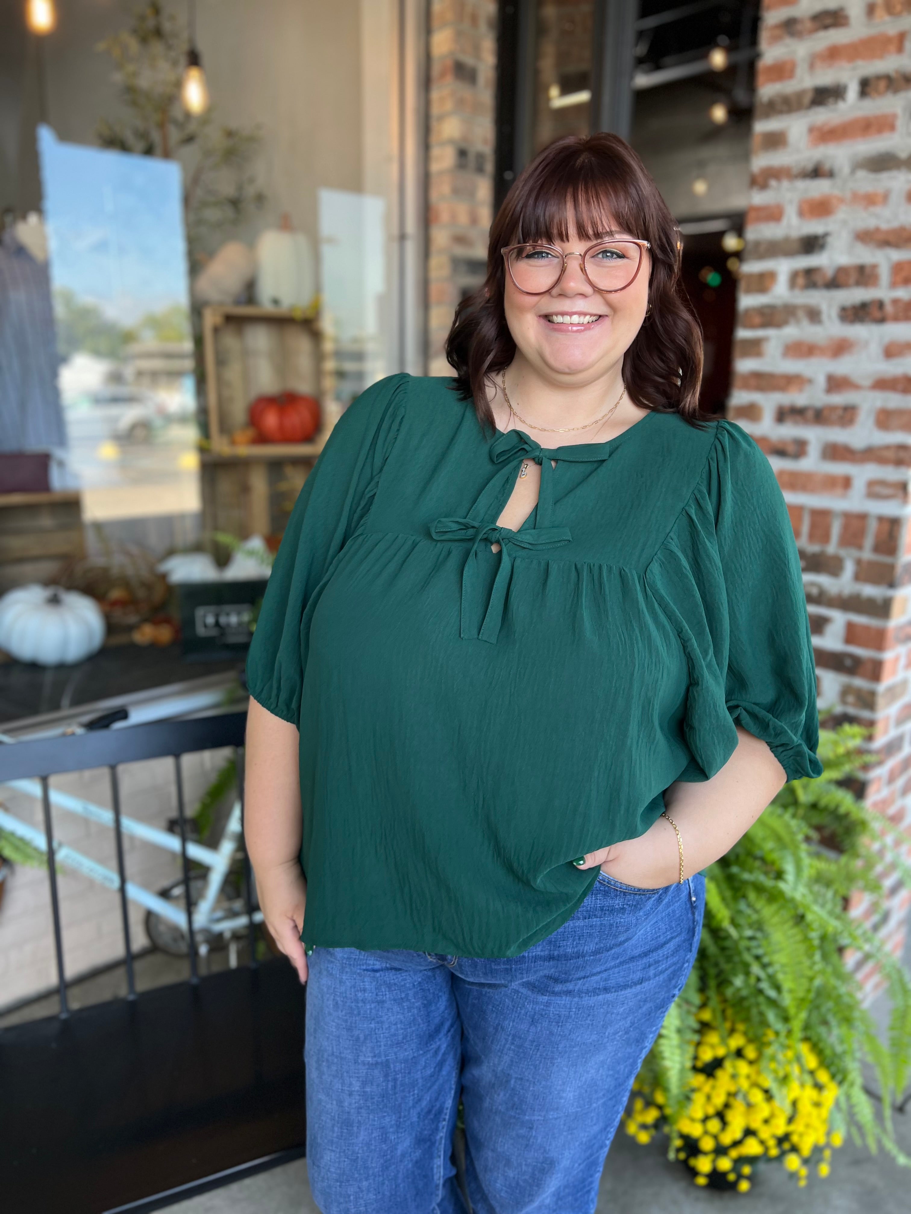Plus Hunter Green Front Tie Top