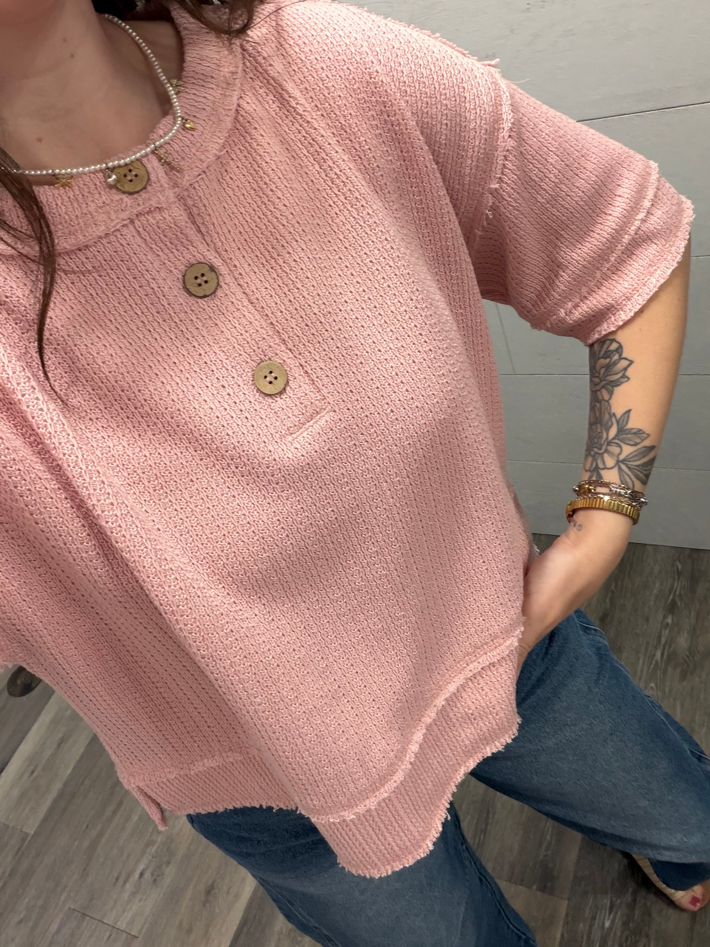 Pink Raw Edge Waffle Henley