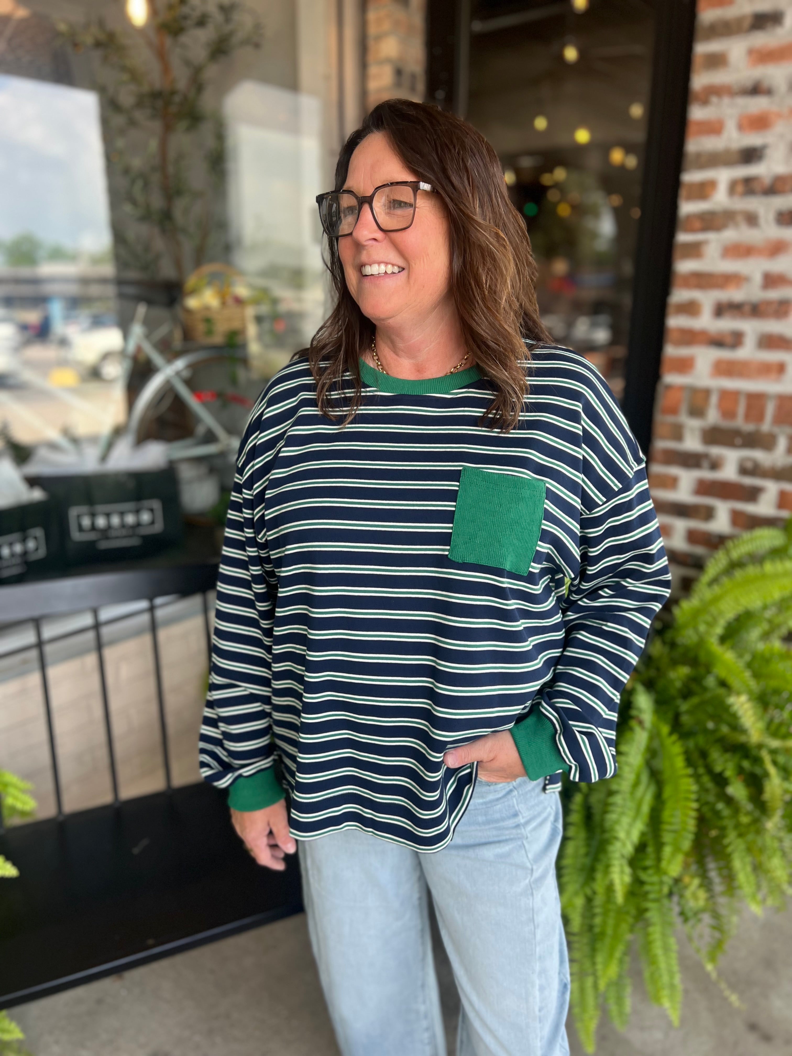 Green Striped Crew Neck Long Sleeve Top - FINAL SALE