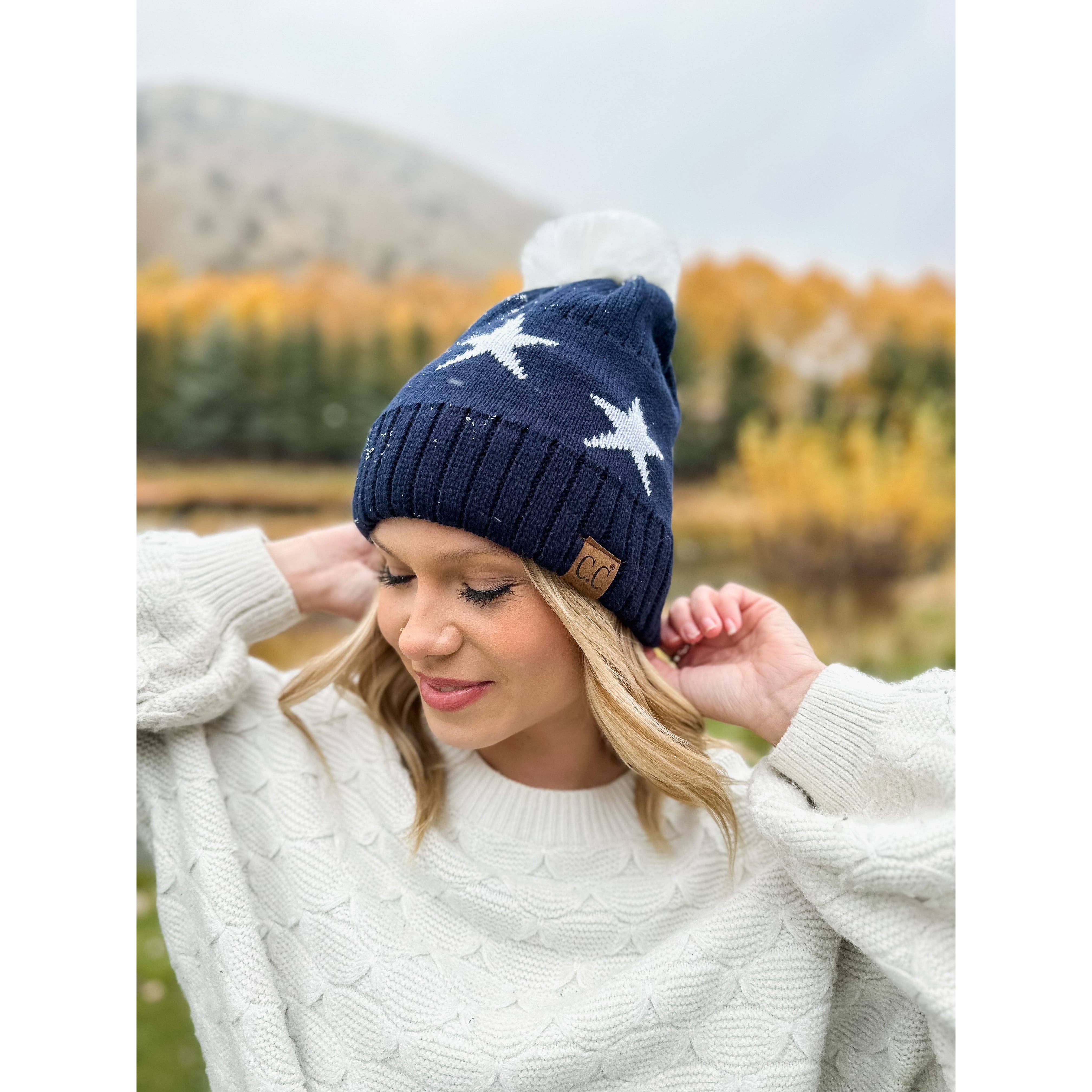 Navy Star Print Pom Beanie