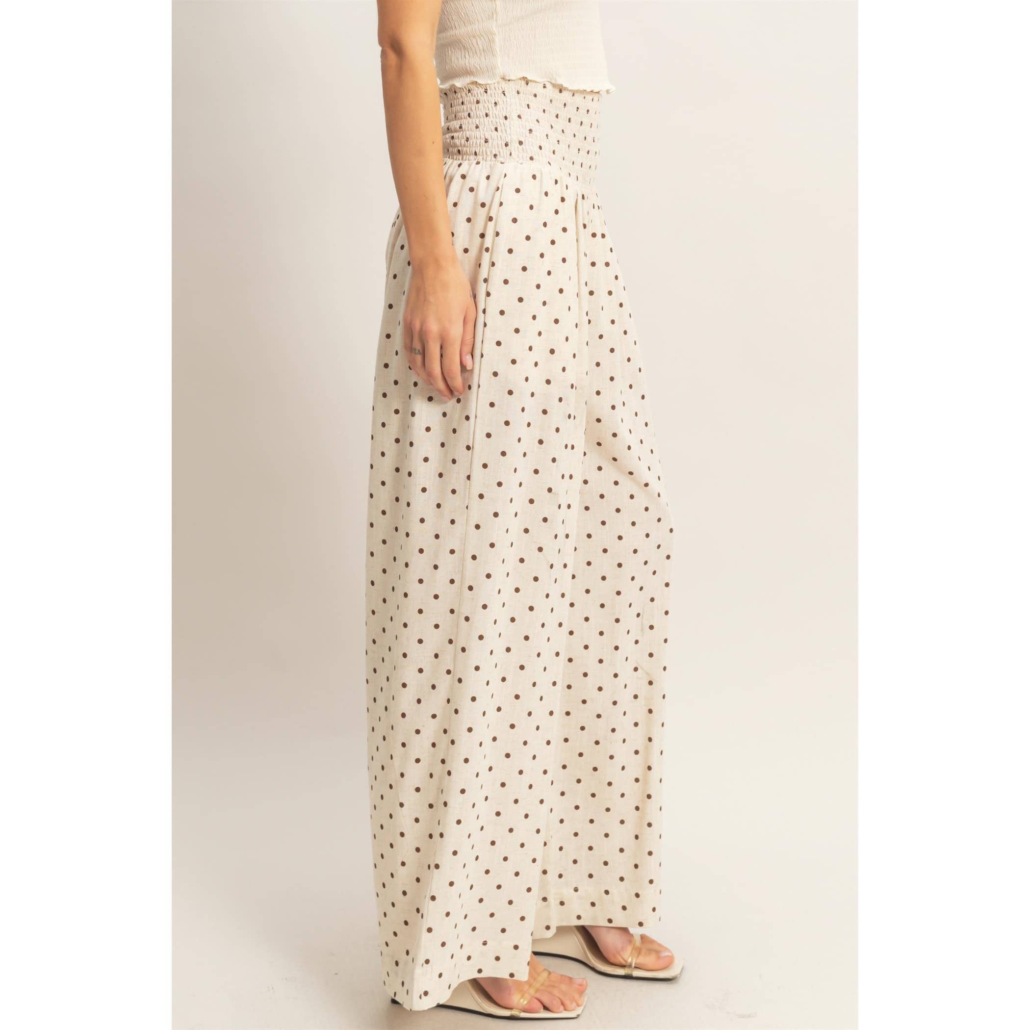 Oatmeal Polka Dot Elastic Wide-Leg Pants