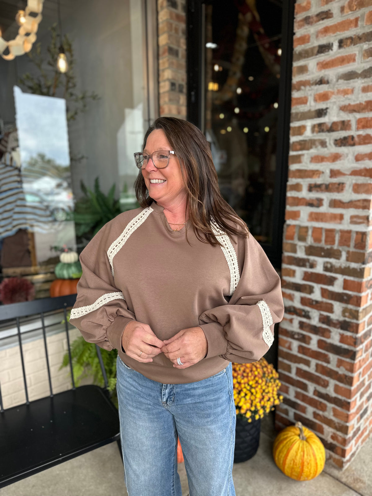 Brown Lace-Trimmed Sweatshirt