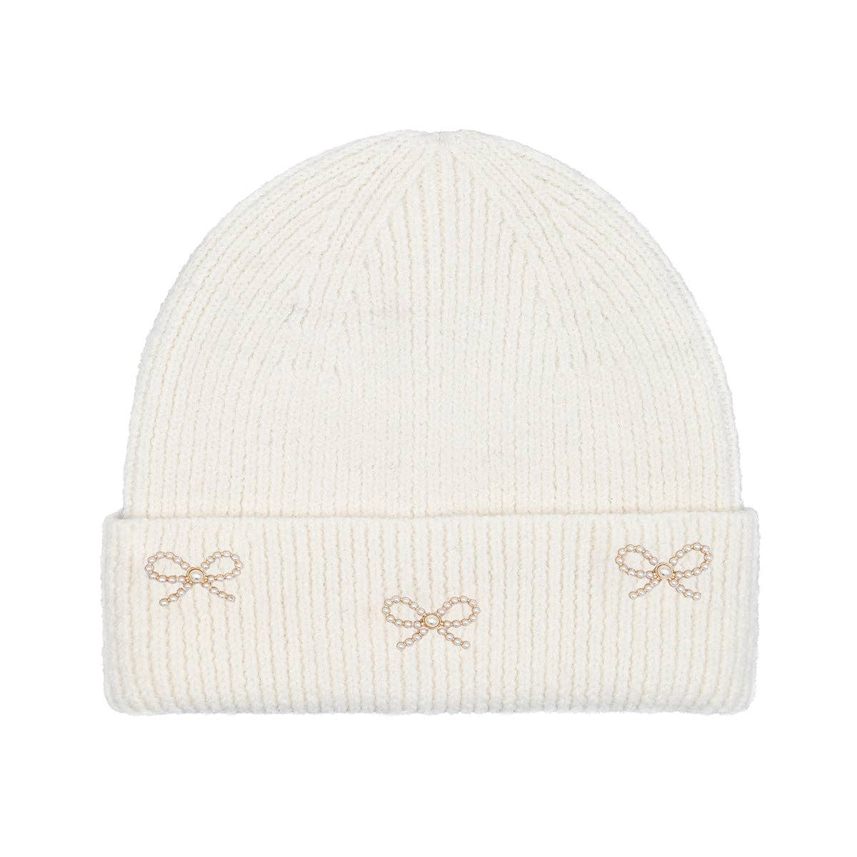Ivory Pearl Bow Embellished Beanie