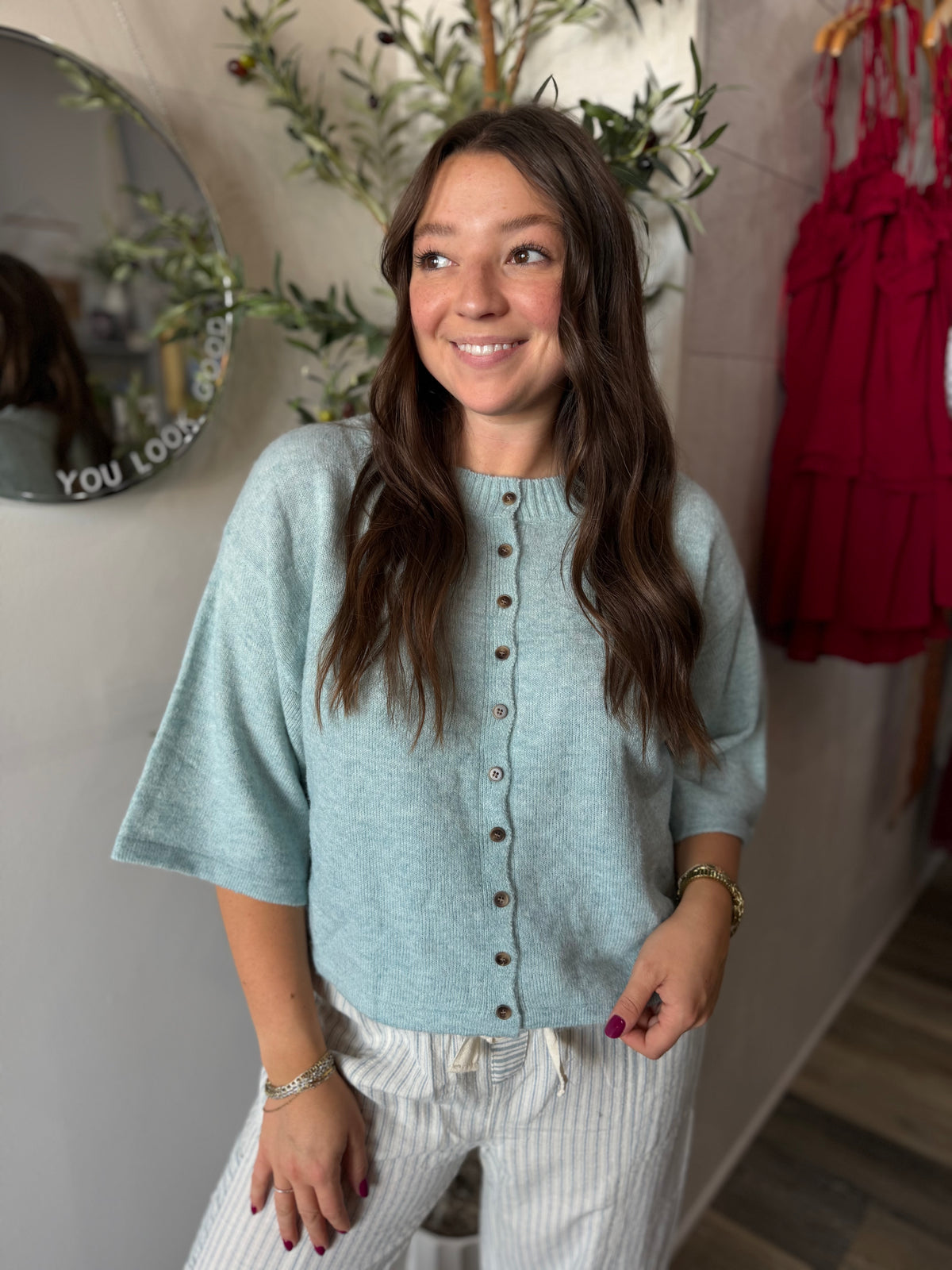 Seafoam Wide Sleeve Button Front Knit Cardigan