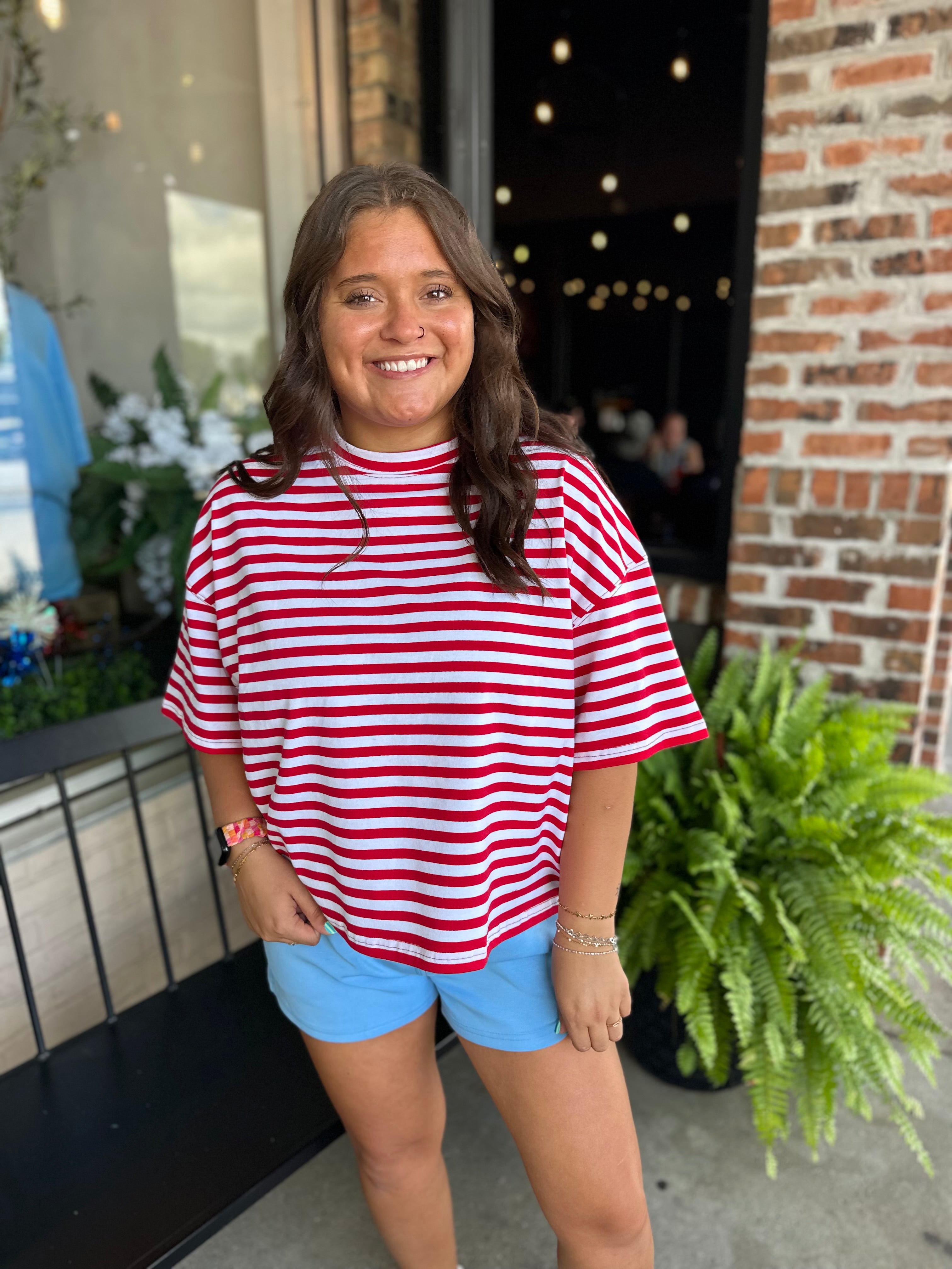 Red Oversized Stripe Boyfriend Tee