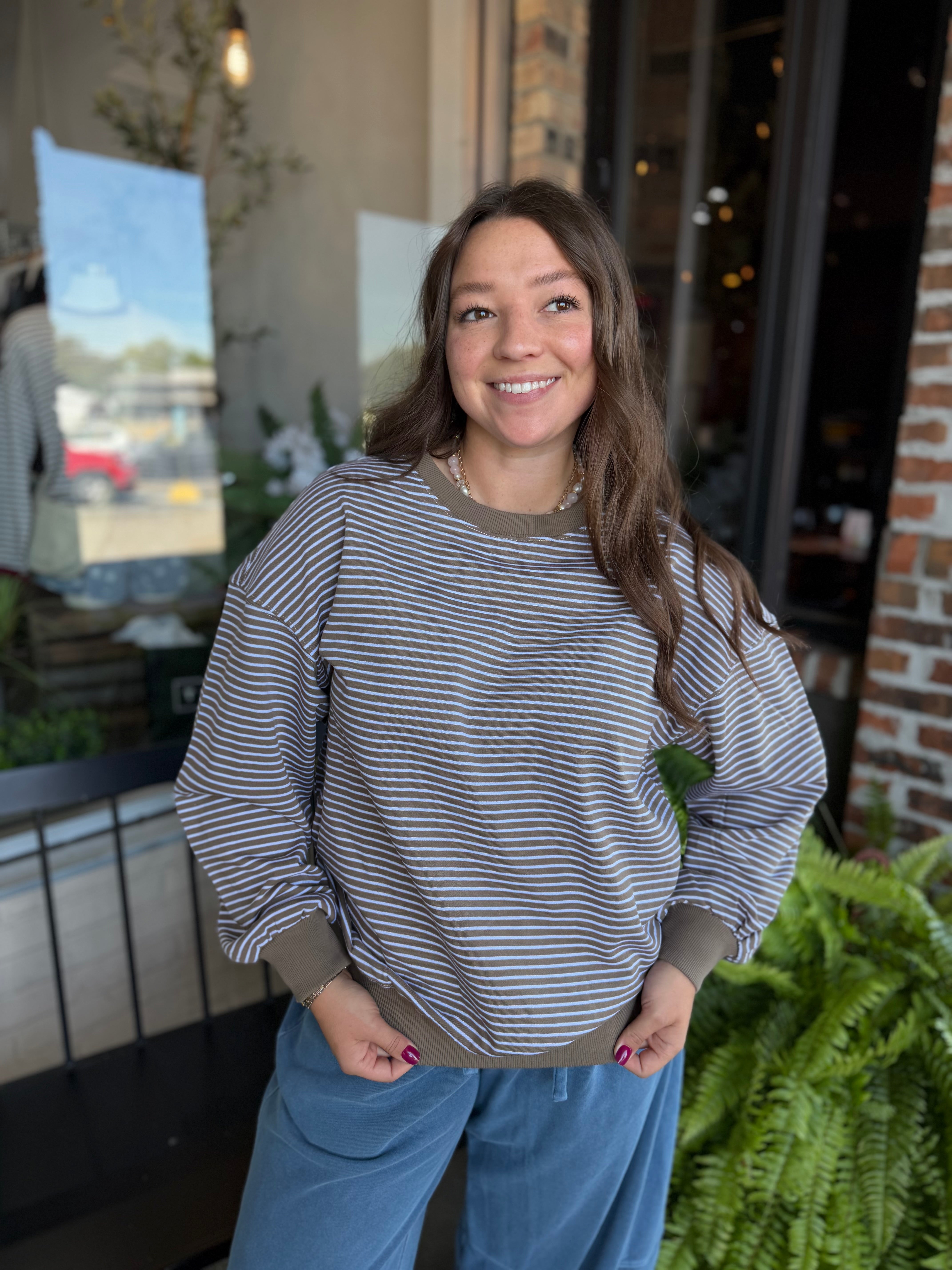 Brown Coastal Striped Crewneck Sweatshirt