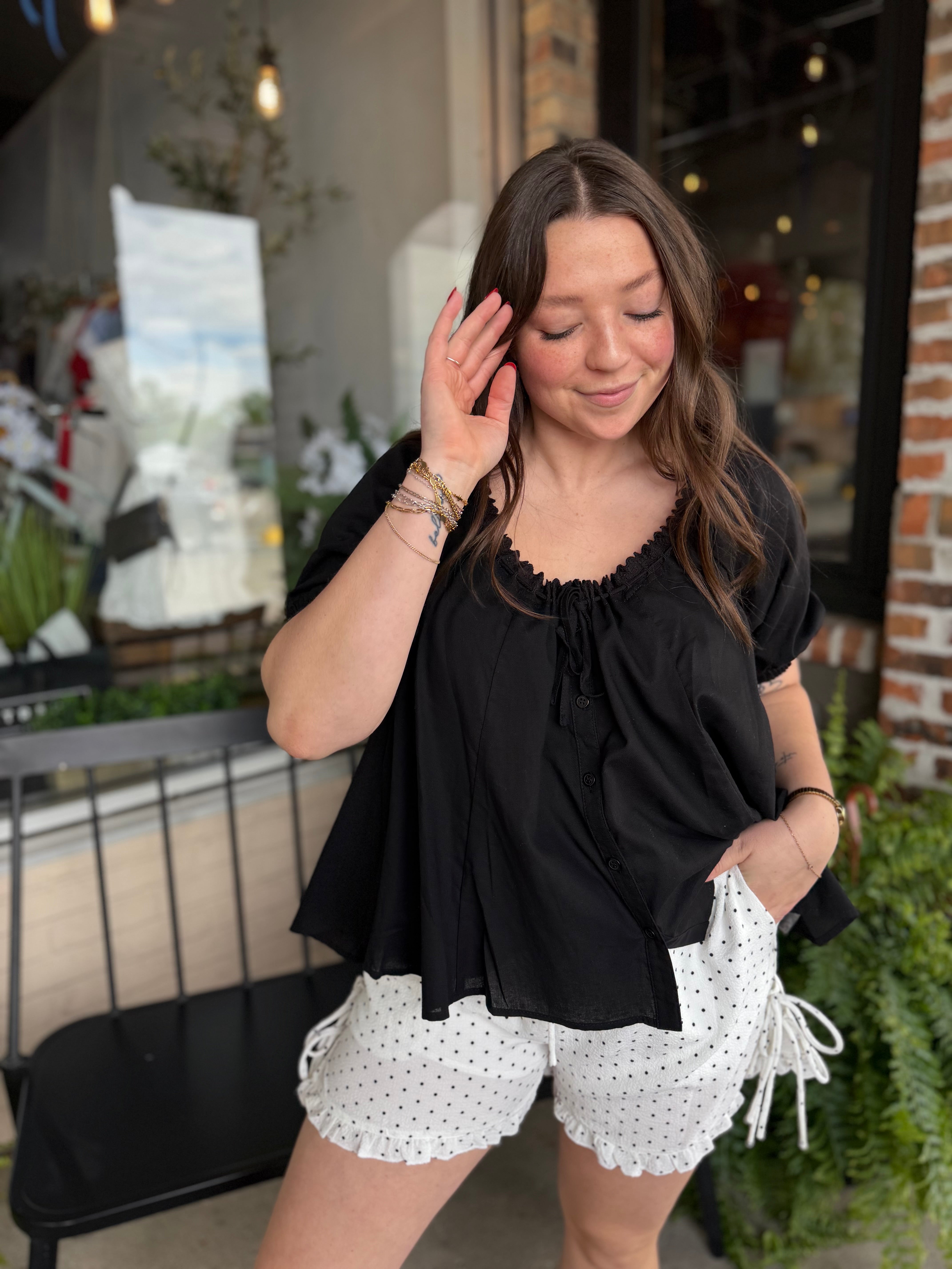 Black Eyelet Trim Puff Sleeve Top