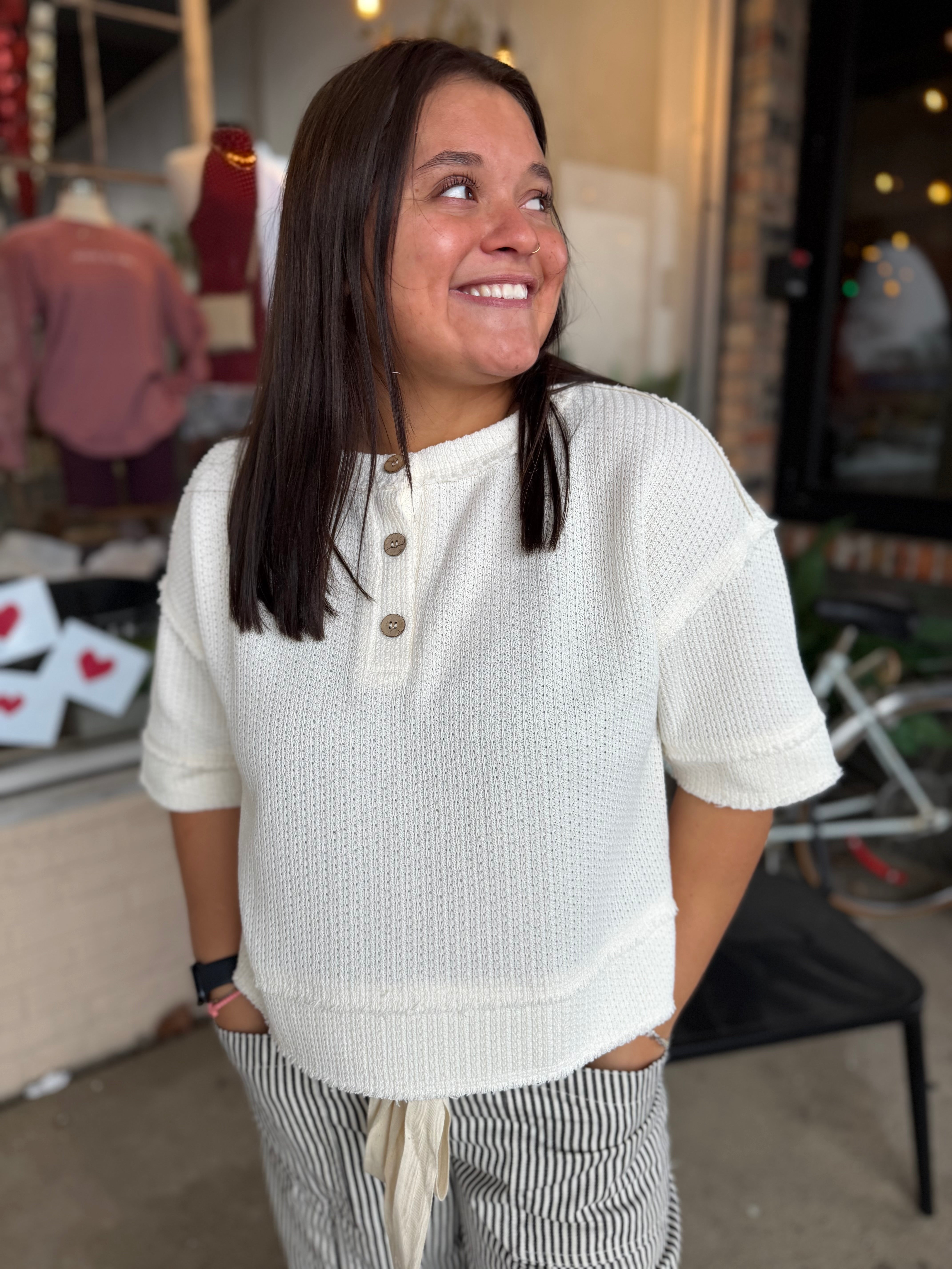 Cream Raw Edge Waffle Henley